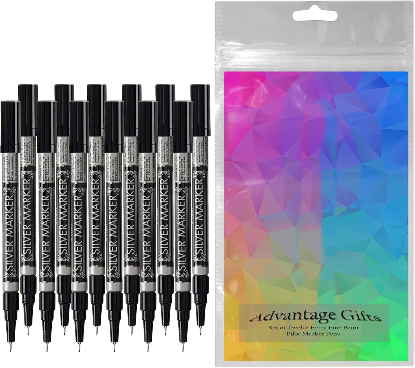 Metallic Permanent Paint Markers, Silver, Extra Fine Point (0.5mm), 12 Count, Bundle with Plastic Reusable Pouch