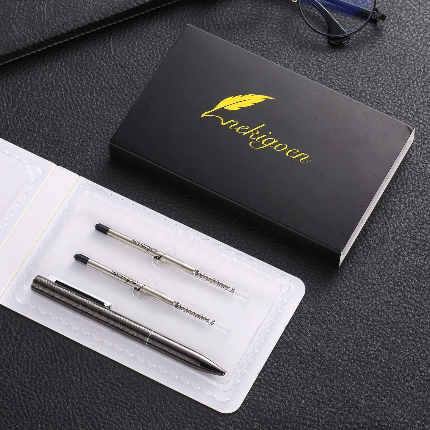 Ballpoint Pen with Gift Box for Men Women,Luxury Stainless Steel Retractable Pen Executive Home Office Use, and 2 Extra Refills Black Ink 1.0mm B2 (Dark Gray)