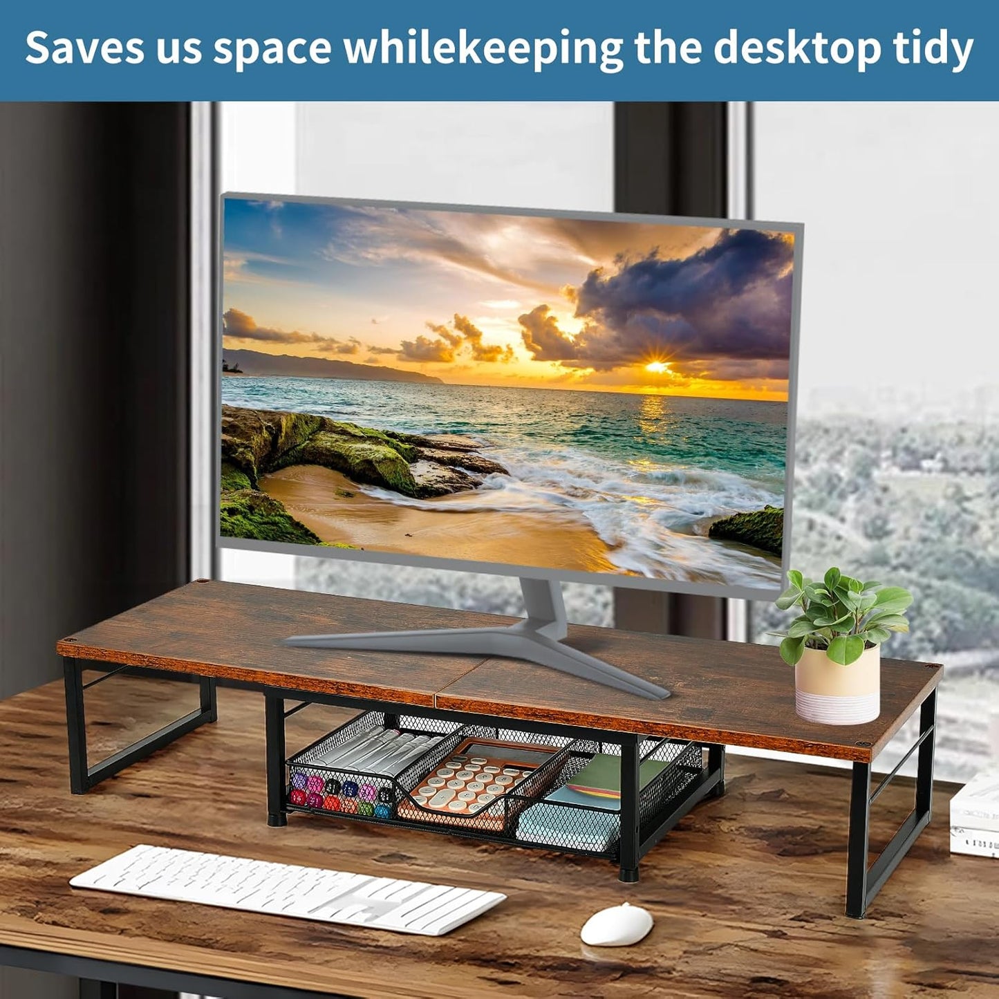 Dual Monitor Stand Riser, Desk Organizer with Drawer, Desk Organizers and Accessories, Workspace Organization Computer Monitor Stand for Laptop, Printer, TV, Office Supplies, Rustic Brown