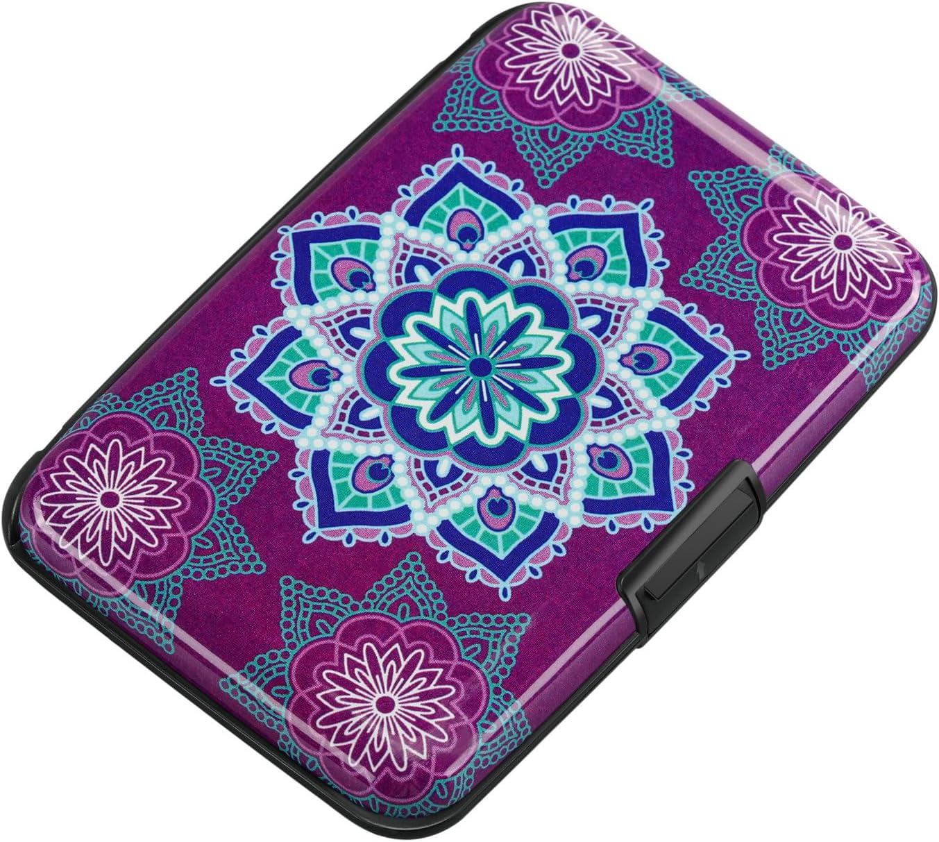 ELFISH Mini RFID Aluminum Wallet Credit Cards Holder Business Card Case Metal ID Case for Men Women (Purple flower)