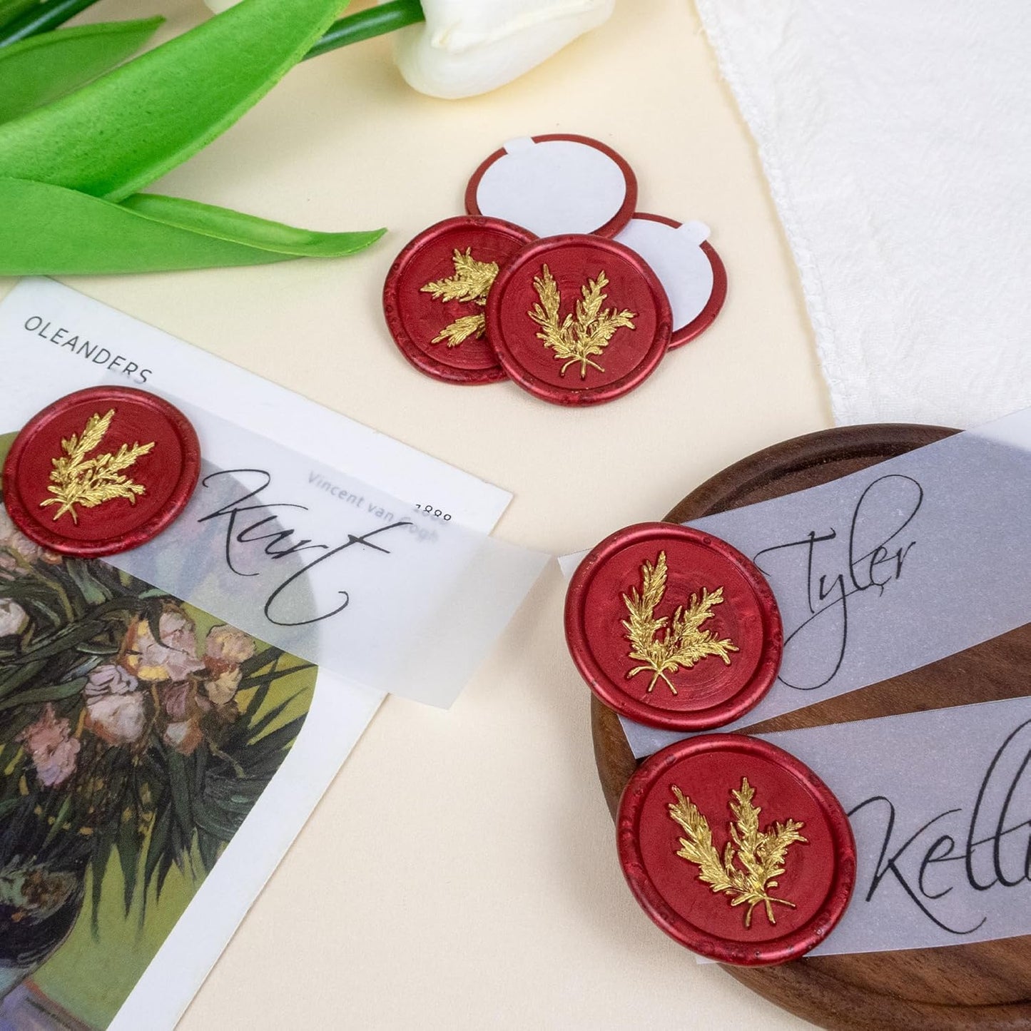 100Pcs Gold & Red Wax Seal Stickers - Handmade Envelope Seals, Self-Adhesive Wax Stickers for Wedding Party Invitations, Envelope, Gift Wrap, Christmas (Gold Rosemary Style, Red)