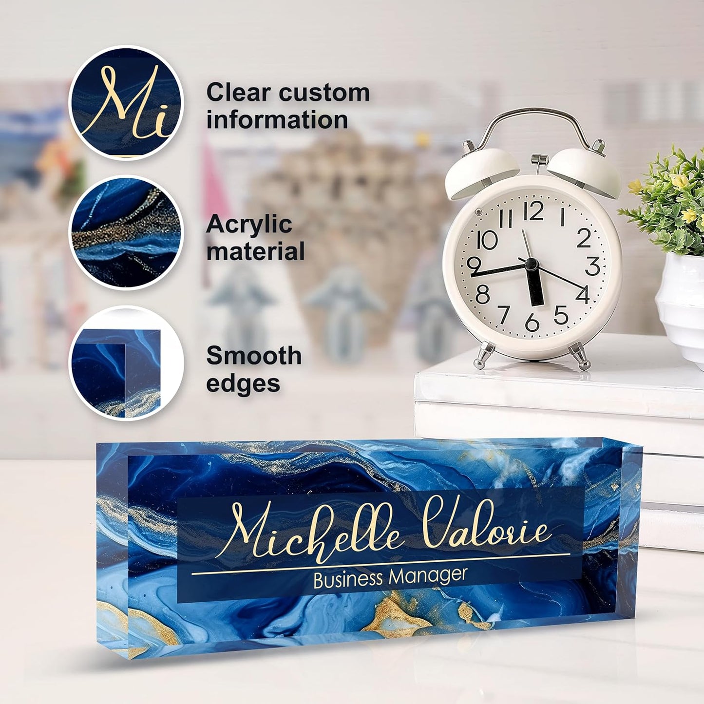 Custom Personalized Acrylic Name Plate Office Desk Accessories (A-Blue Gold)