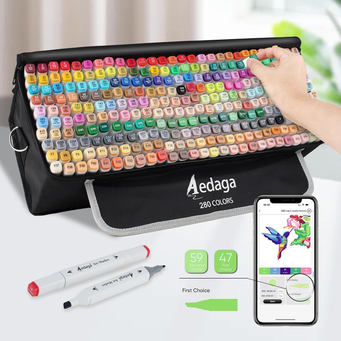 YHC 280 Color Alcohol Markers for Artists, Free APP for Coloring, Dual Tips Alcohol-Based Markers for Drawing,Painting and Sketching, Great Gift Idea for Kids and Adults.