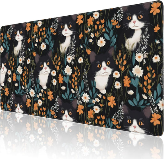 Extended Large Gaming Mouse Pad, Black Cat Wildflowers Large Desk Mat for Desktop XXL, Non-Slip Rubber Base Stitched Edges Long Computer Keyboard Desk Pad Mouse Mat for Gaming Home Office 35.4"X15.7"
