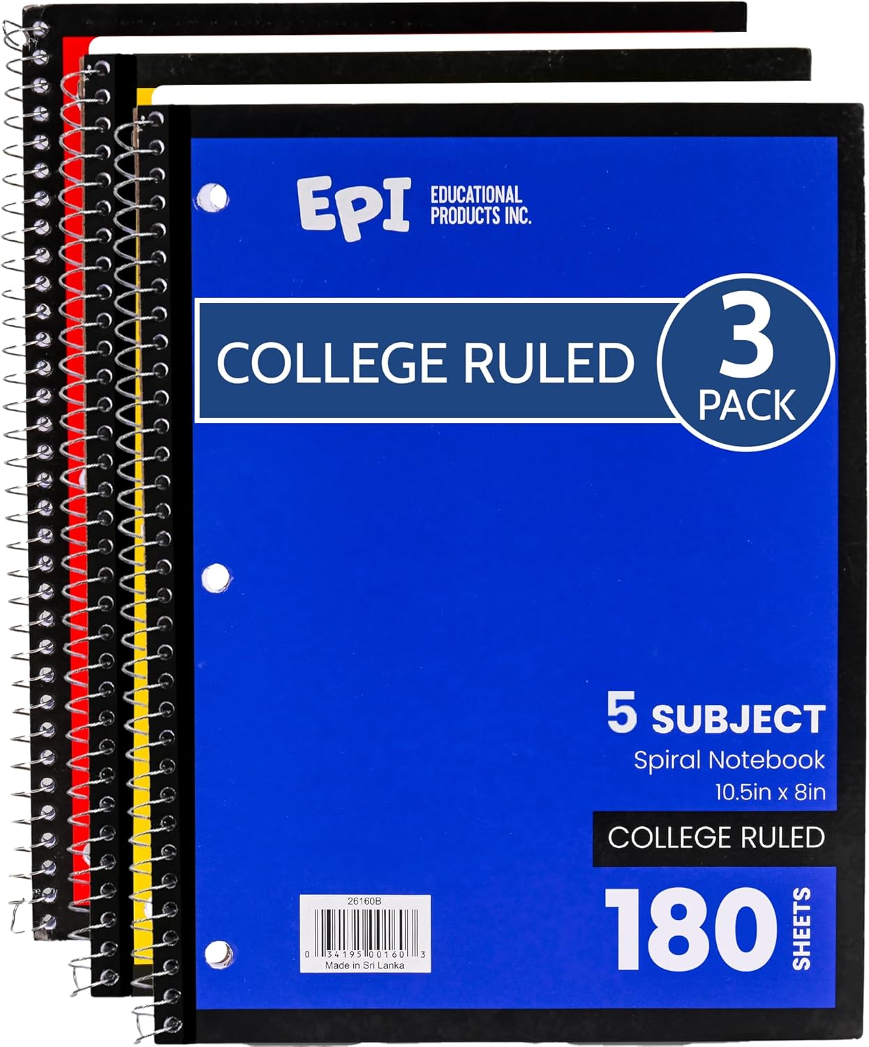 EPI Spiral Notebook | 5 Subject - College Ruled - 180 Sheets, Durable Spiral Binding | 10.5 x 8 in | Classroom Supplies | School, Office, Note Taking, Journaling - 3 Pack