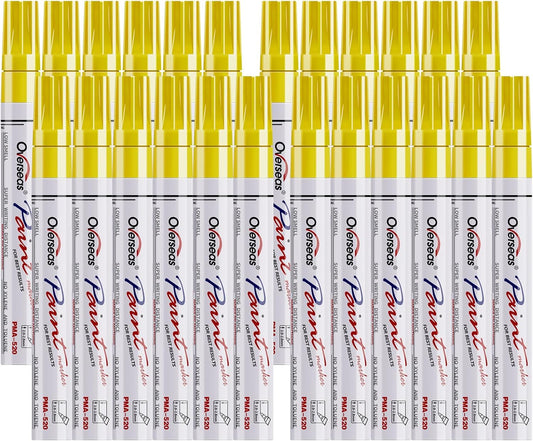 Overseas Yellow Paint Pens Permanent Markers 24 Pcs, Oil Based Paint Markers Set, Quick Drying, Waterproof, Medium Tip Marker Pens for Metal, Rock, Wood, Plastic, Canvas, Glass, Stone, Rubber, Paper