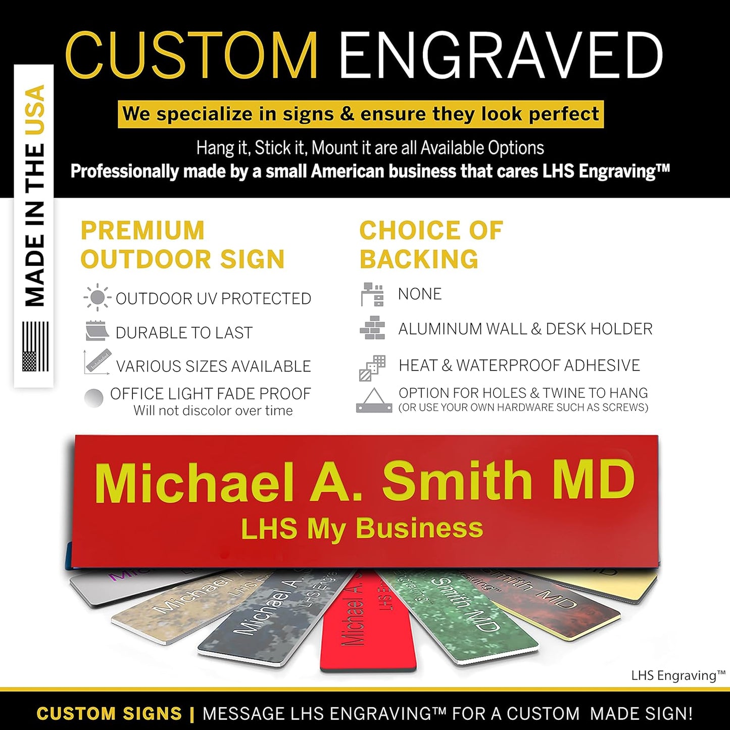 Door Name Plate Personalized for Office Red Plastic Name Plate with Yellow Letters - Made in USA 2x12 B22