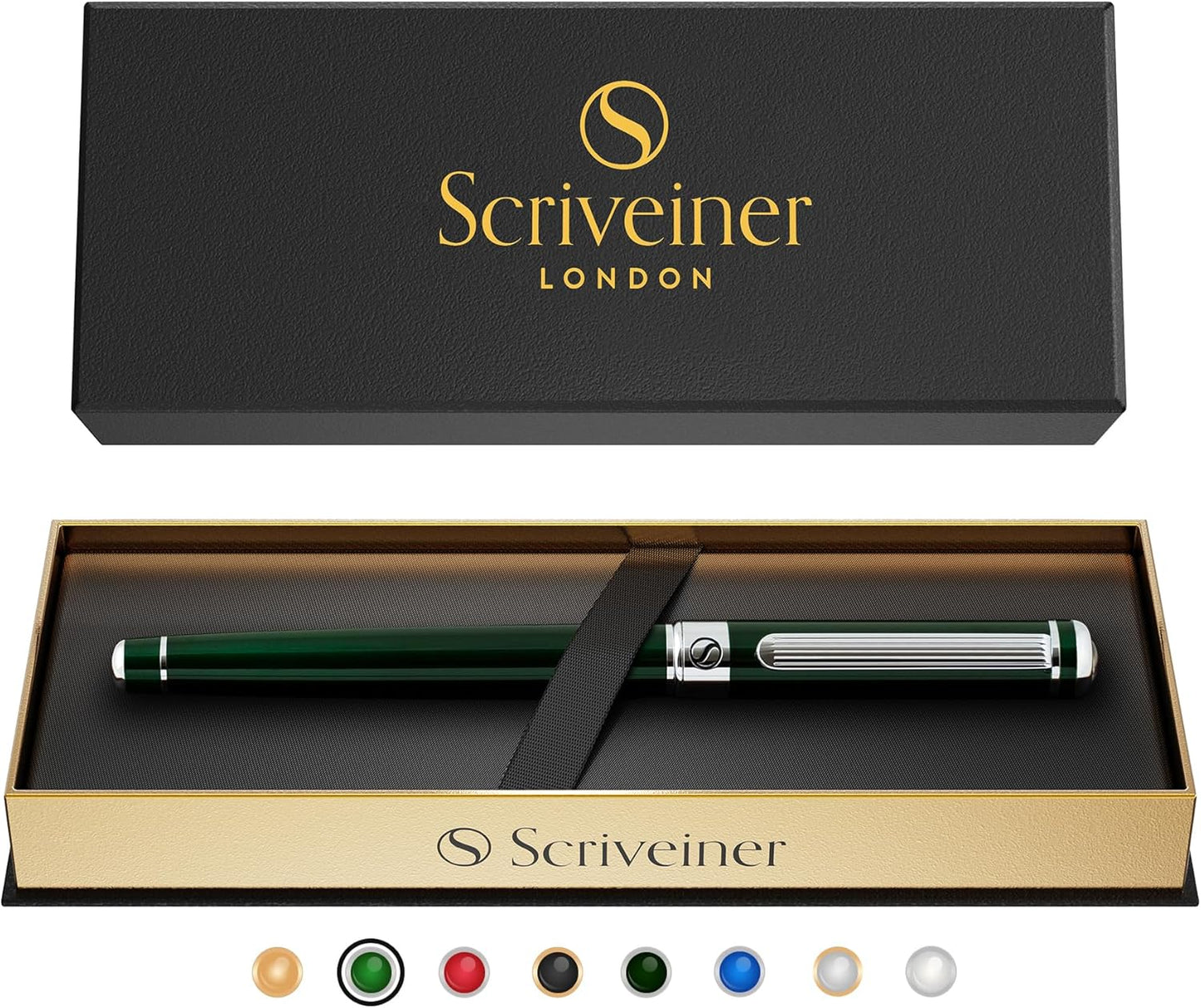 Scriveiner British Racing Green Rollerball - Stunning Luxury Pen With Chrome Finish, Schmidt Ink Refill, Best Roller Ball Pen Gift Set for Men & Women, Professional, Executive Office, Nice Pens