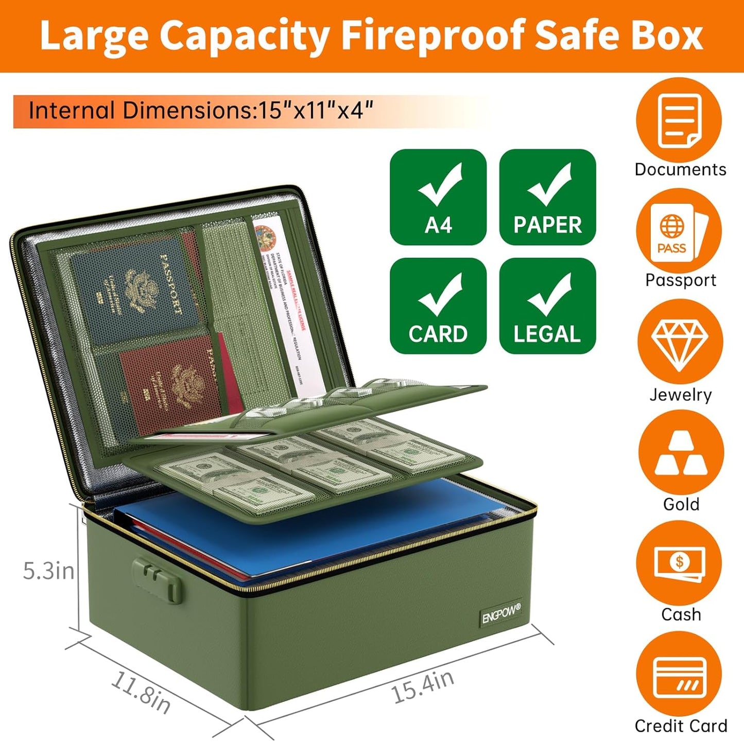 ENGPOW Fireproof Document Box, Hard Fireproof Box with Fireproof Zipper＆Lock, 6400°F Heat Insulated Fireproof Water Resistant File Organizer Storage Box Safe for Important Documents,Valuable,Green