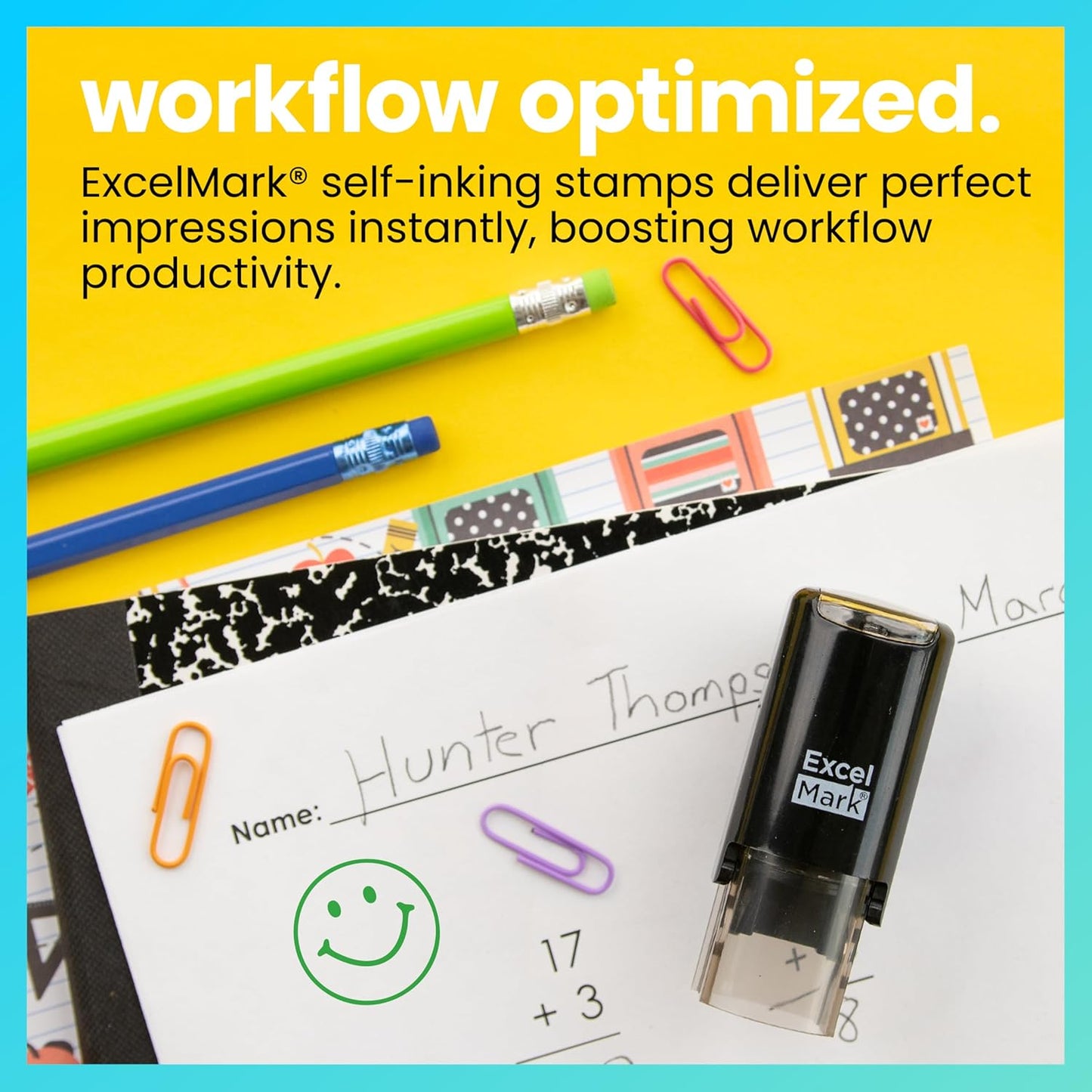 ExcelMark Round Teacher Stamp - Smiley FACE 1 - Green Ink