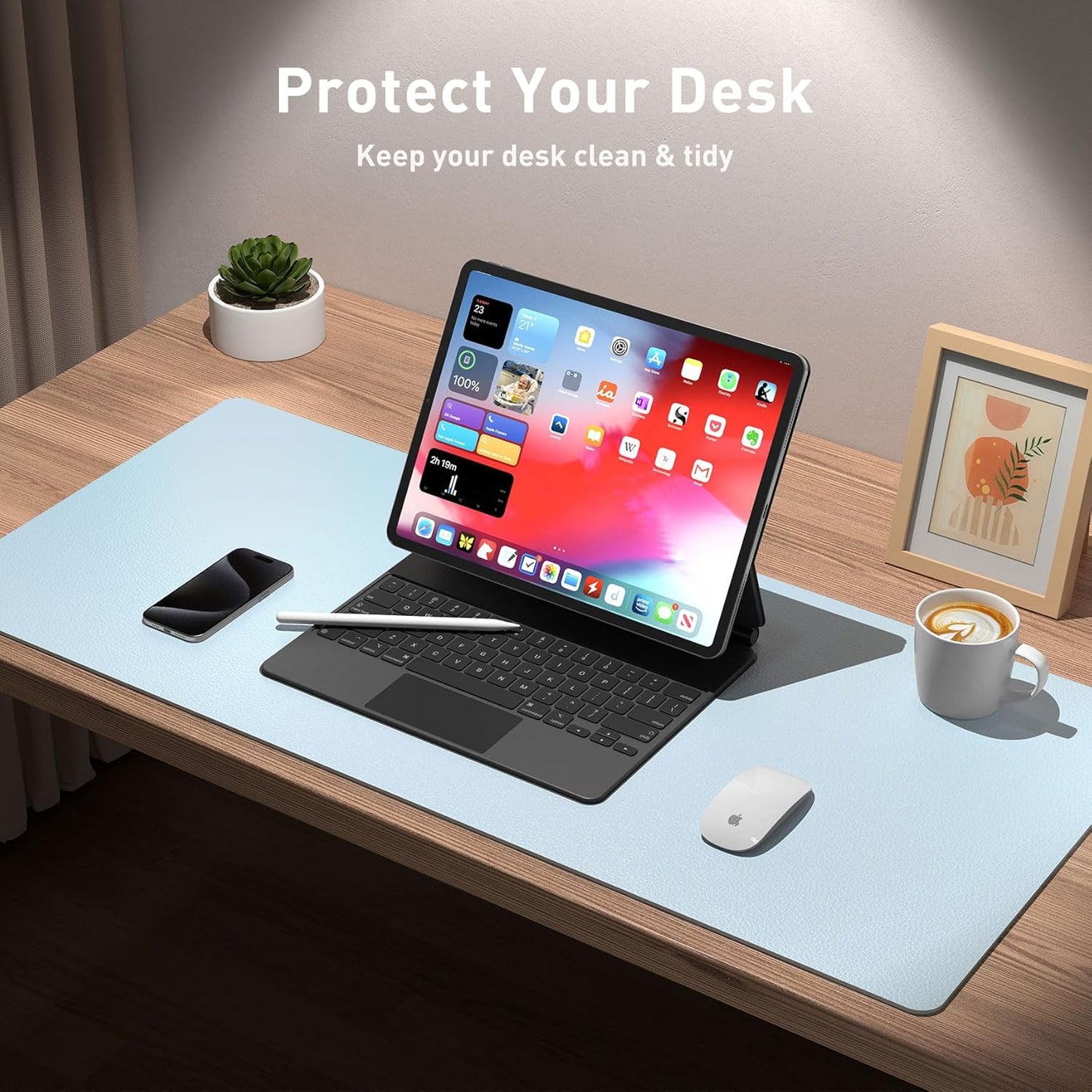 Aothia Leather Desk Pad Protector, Mouse Pad, Office Desk Mat, Non-Slip PU Leather Desk Blotter, Laptop Desk Pad, Waterproof Desk Writing Pad for Office and Home (36" x 17", Baby Blue)