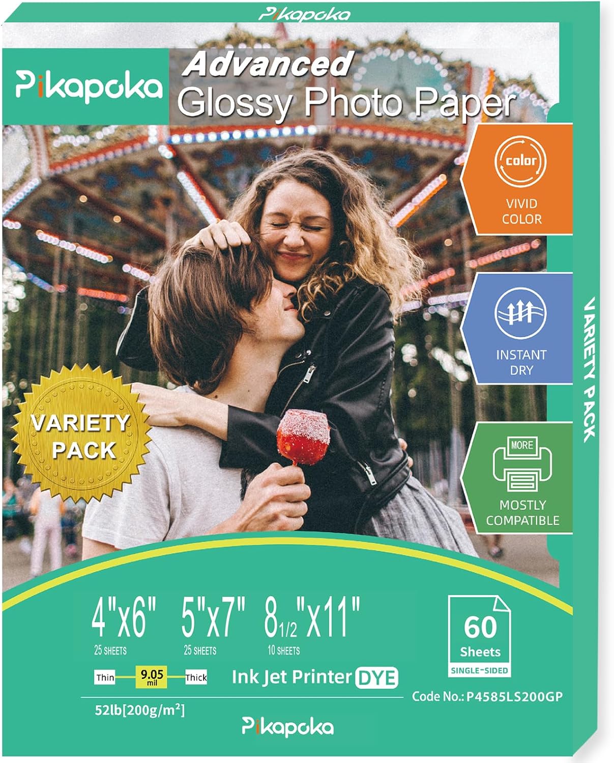 Glossy Photo Paper 4x6, 5x7, 8.5x11, 60 Variety Pack Bulk, Assorted Sizes, Inkjet printer, 52lb/200gsm