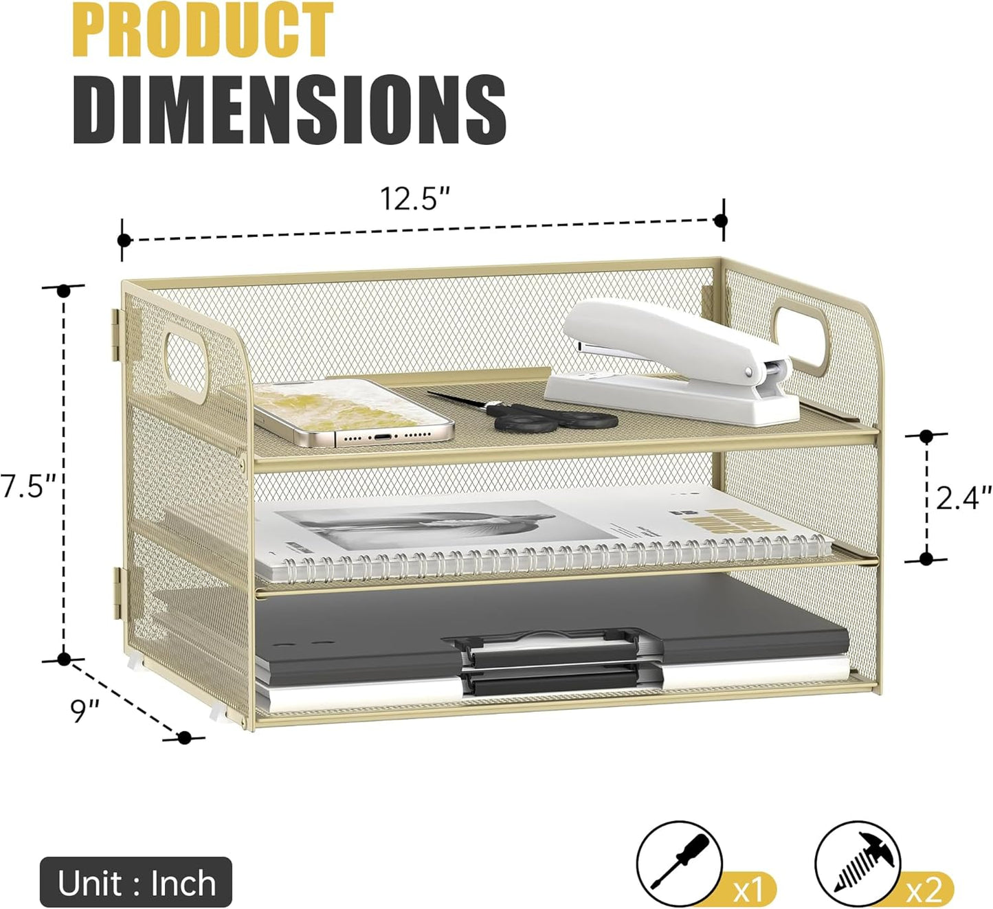 Daltack 3-Tier Paper Organizer with Handle, Mesh Desk Organizer Letter Tray, Paper Tray Organizer File Organizer for A4 File Folder, Golden Yellow