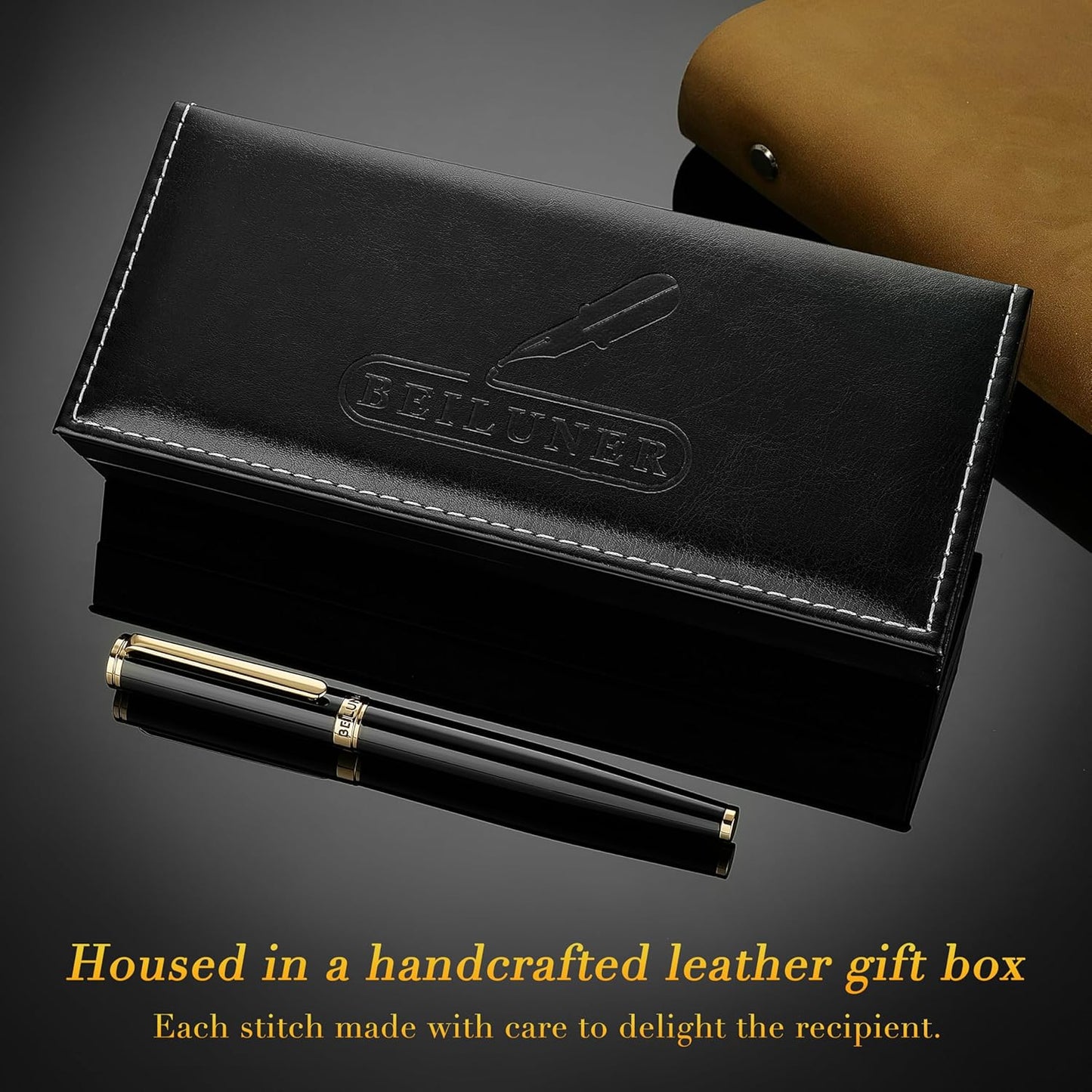 BEILUNER Black Fountain Pen,Stunning Luxury Piano Lacquer,24K Gilded Nib(Fine),Gorgeous 24K Gold Finish, Ink Converter,Trustworthy Gift for Men&Women-Elegant, Reliable,Executive,Nice Pens for Writing