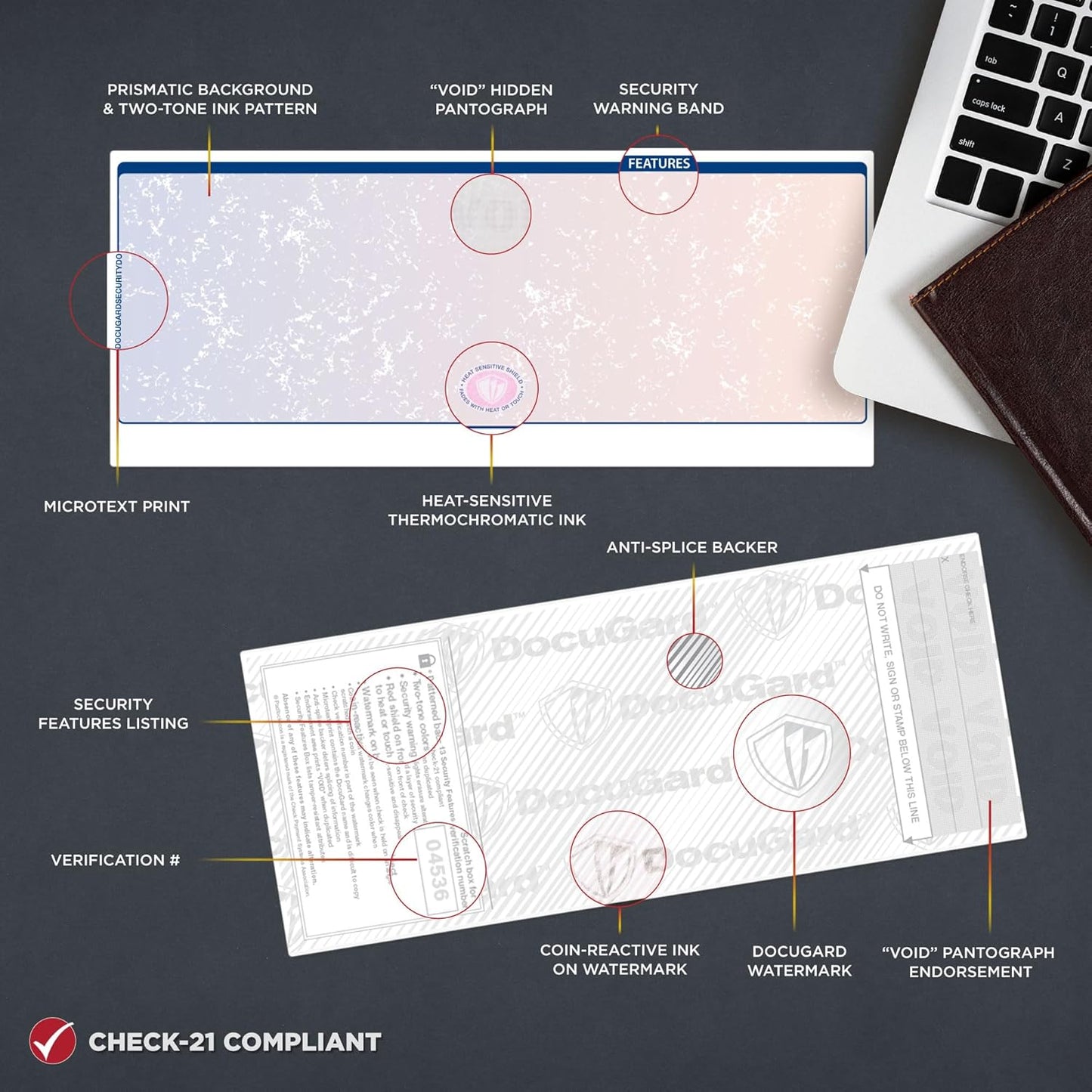 DocuGard Blue/Red Premier Prismatic Bottom High Security Check Paper - Laser/Inkjet Printer Compatible - 13 Security Features - 500 Blank Business Checks (04536)