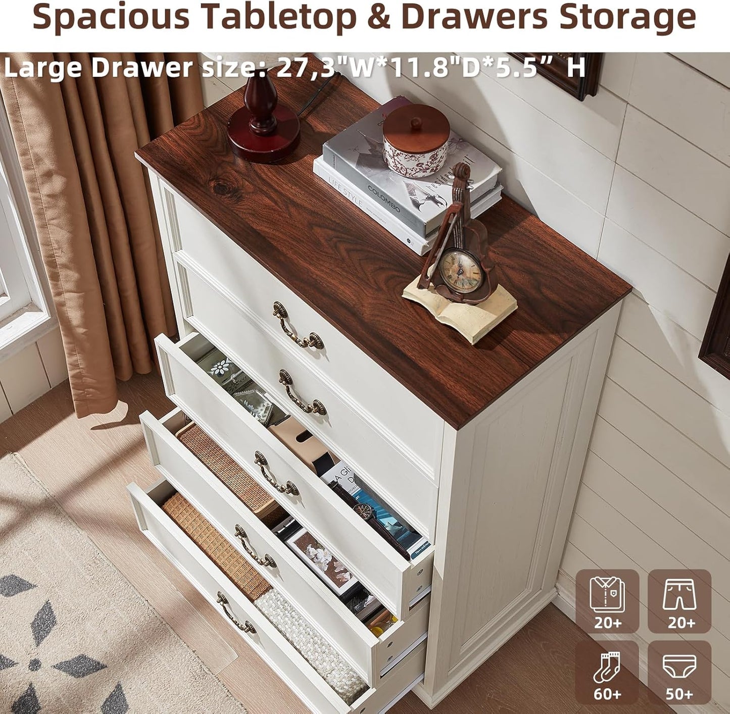 Farmhouse 5 Drawer Dresser for Bedroom, 45" Tall Rustic Chests of Drawers w/ 4 Solid Wood Feet, Mid Century Modern Wooden Closet Storage Dressers Organizer for Living Room, Hallway, White