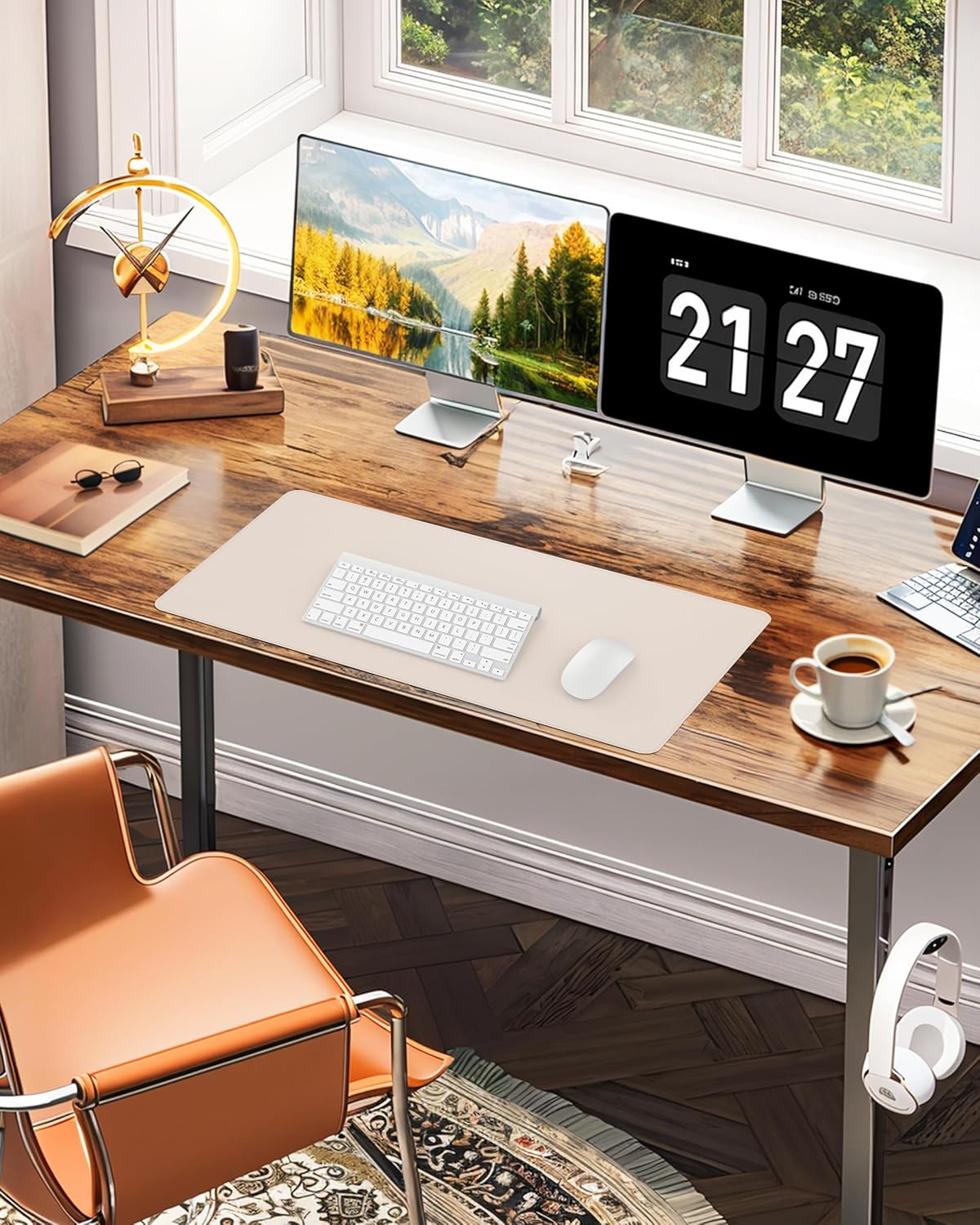 Leather Desk Pad Protector,Office Desk Mat,Large Mouse Pad, Non-Slip PU Leather Desk Blotter,Desk Pad,Waterproof Desk Writing Pad for Office and Home (Beige,35.4" x 17")