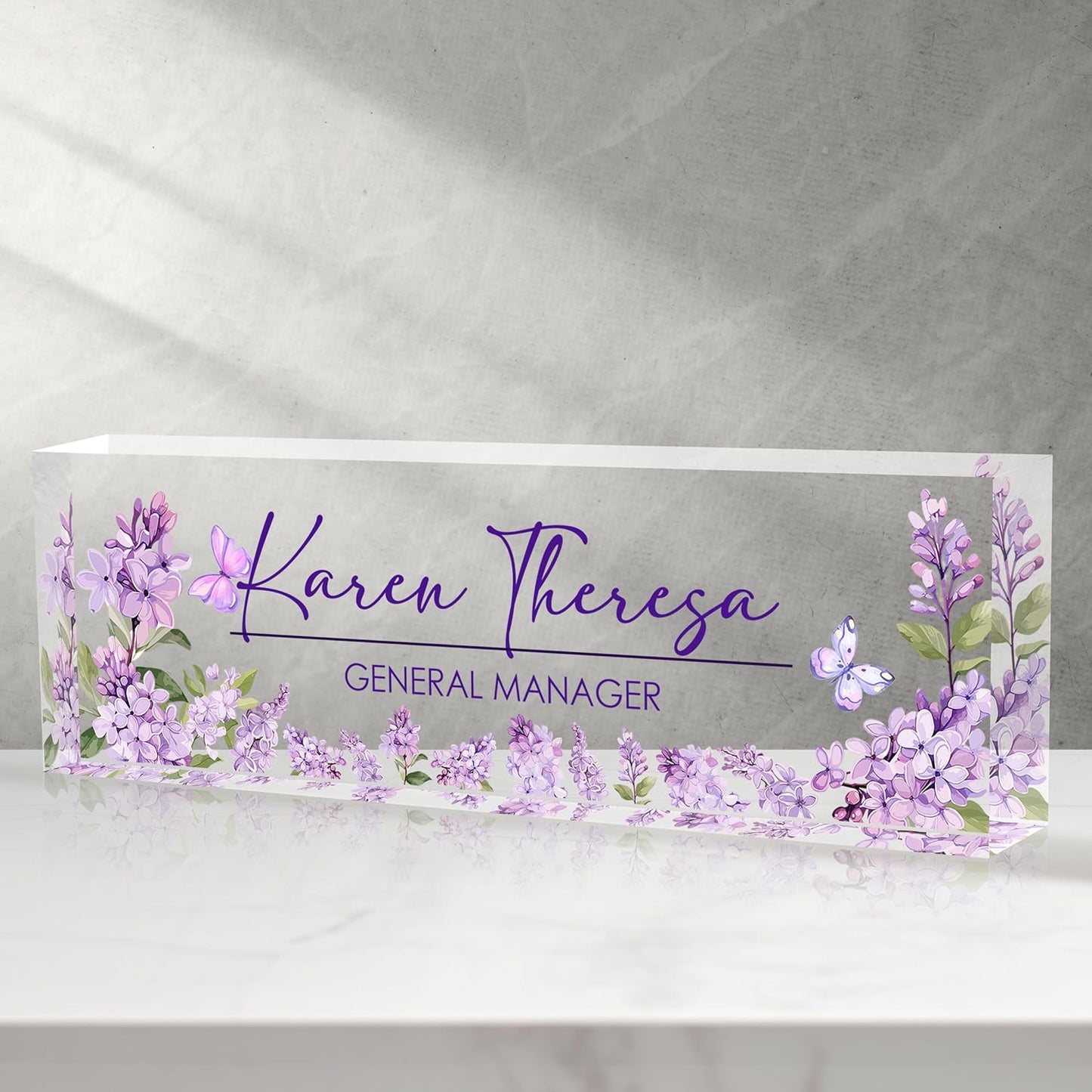 Custom Office Name Plate for Desk, Desk Name Plate Personalized, Personalized Gifts for Women, Appreciation Gifts for Employee Coworkers Boss Teacher, Office Accessories (Purple lilac flower)