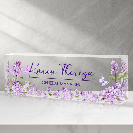 Custom Office Name Plate for Desk, Desk Name Plate Personalized, Personalized Gifts for Women, Appreciation Gifts for Employee Coworkers Boss Teacher, Office Accessories (Purple lilac flower)