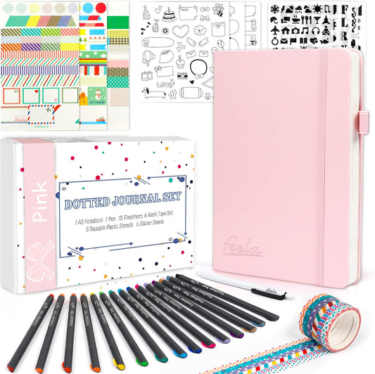 Dotted Journal Kit, Feela Dot Grid Journal Hardcover Planner Notebook Set For Beginners Women Girls Note Taking with Journaling Supplies Stencils Stickers Pens Accessories, A5, 224 Pages, Pink