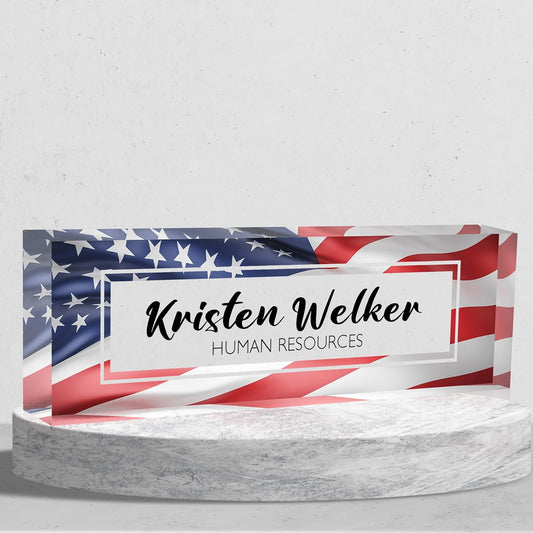 Desk Name Plate Personalized, Custom Name Plates for Desks, Premium Flag Acrylic Desk Name Plate, Office Desk Decor for Women or Men Coworkers, Boss, Employee, Teacher (Flag1)