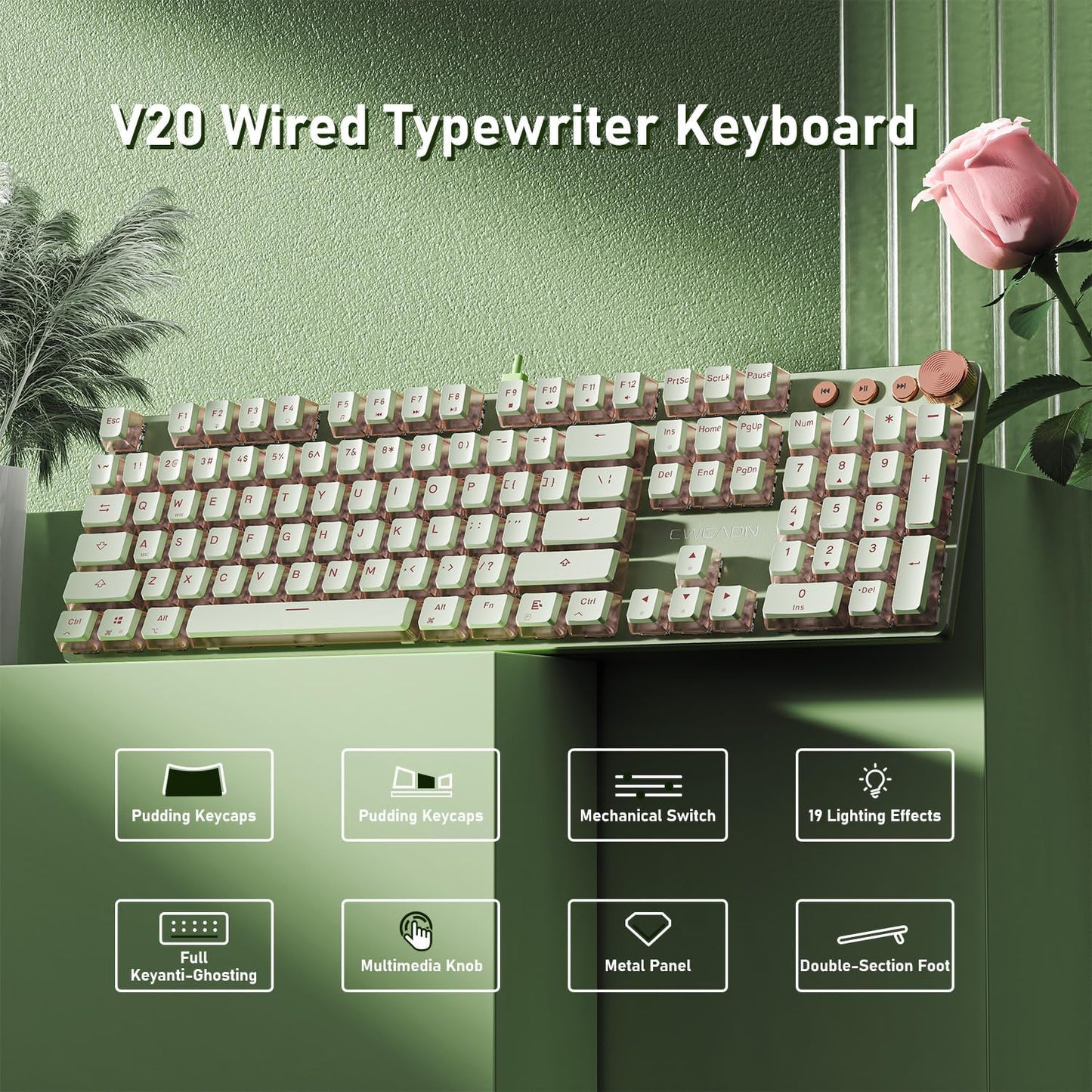 EWEADN V20 Wired Mechanical Keyboard, 104 Keys Backlit LED Keyboards, Media Control Knob, Wired Computer Keyboard Pink Switch for Windows/Mac/PC-Matcha Green