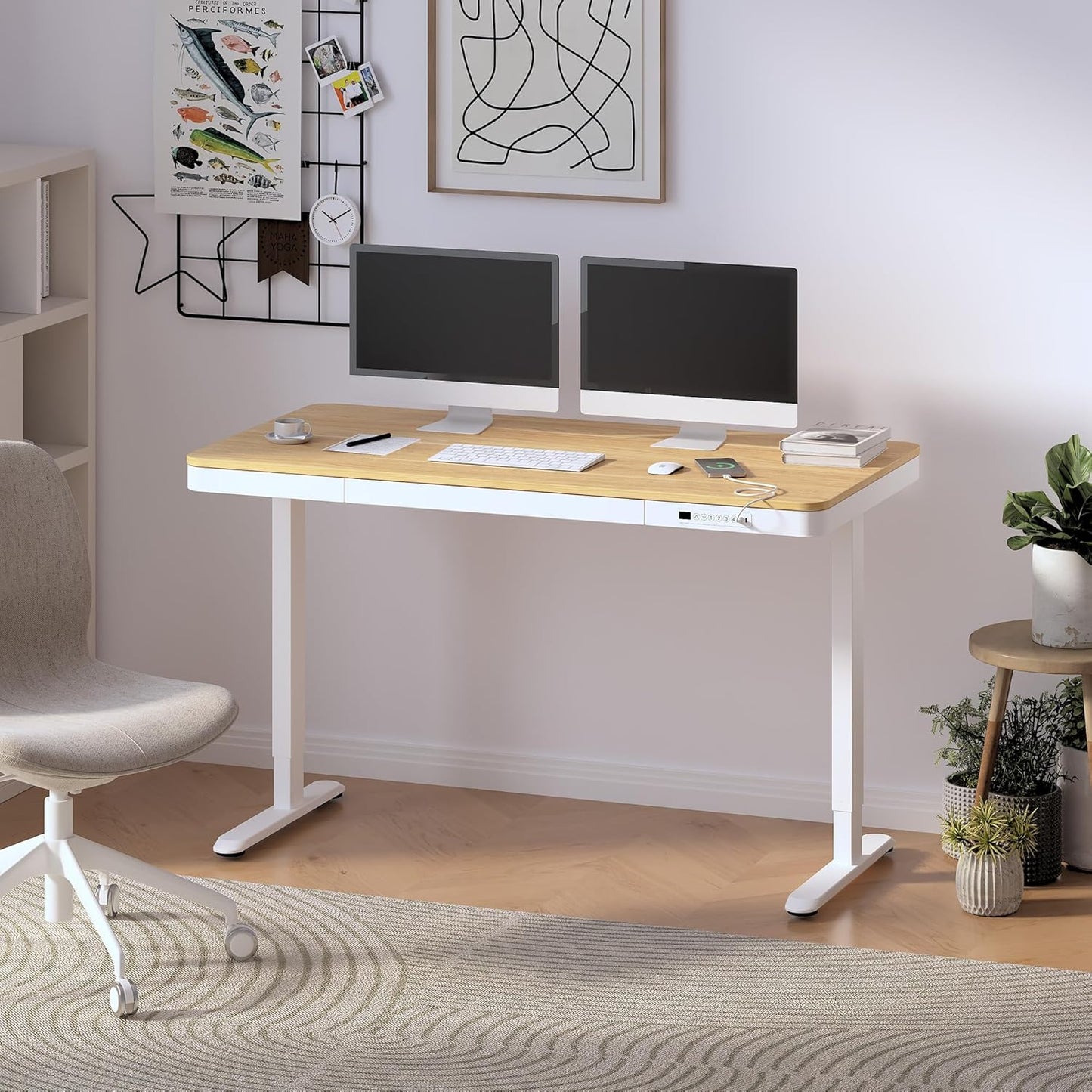 FLEXISPOT 55" Electric Standing Desk with Drawers, Quick Assembly Home Office Sit Stand Desk with Storage, USB Charging, Computer Desk for Home Office (Maple Top + White Adjustable Frame, Comhar)