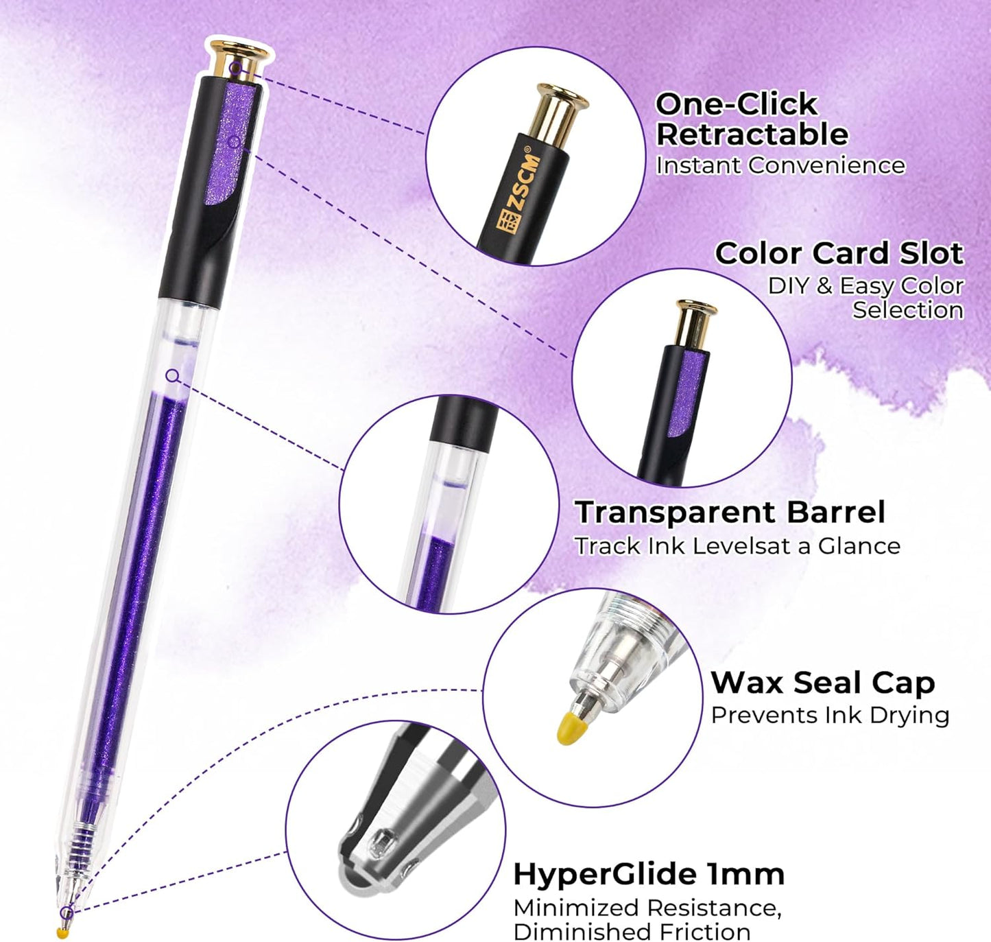 Retractable Glitter Gel Pens, 12 Colors Large Capacity Purple Glitter Metallic Gel Ink Pens, 1 mm Fine Point Smooth Writing Color Pens for Adult Coloring Book Note Taking Aesthetic Art Supplies