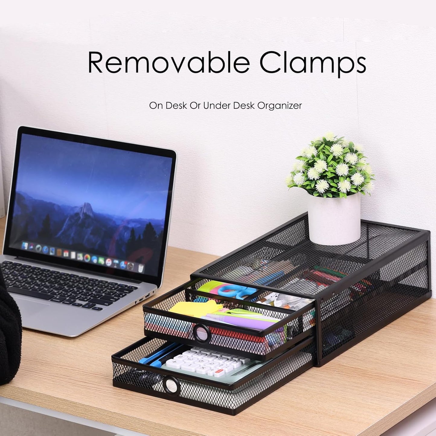 2-Tier Clamp-On Mesh Organizer, Under Desk Storage with Slide-Out Tray, No Drilling Tool-Free Installation, Durable Rust-Resistant Metal, Large-Capacity Organizer.