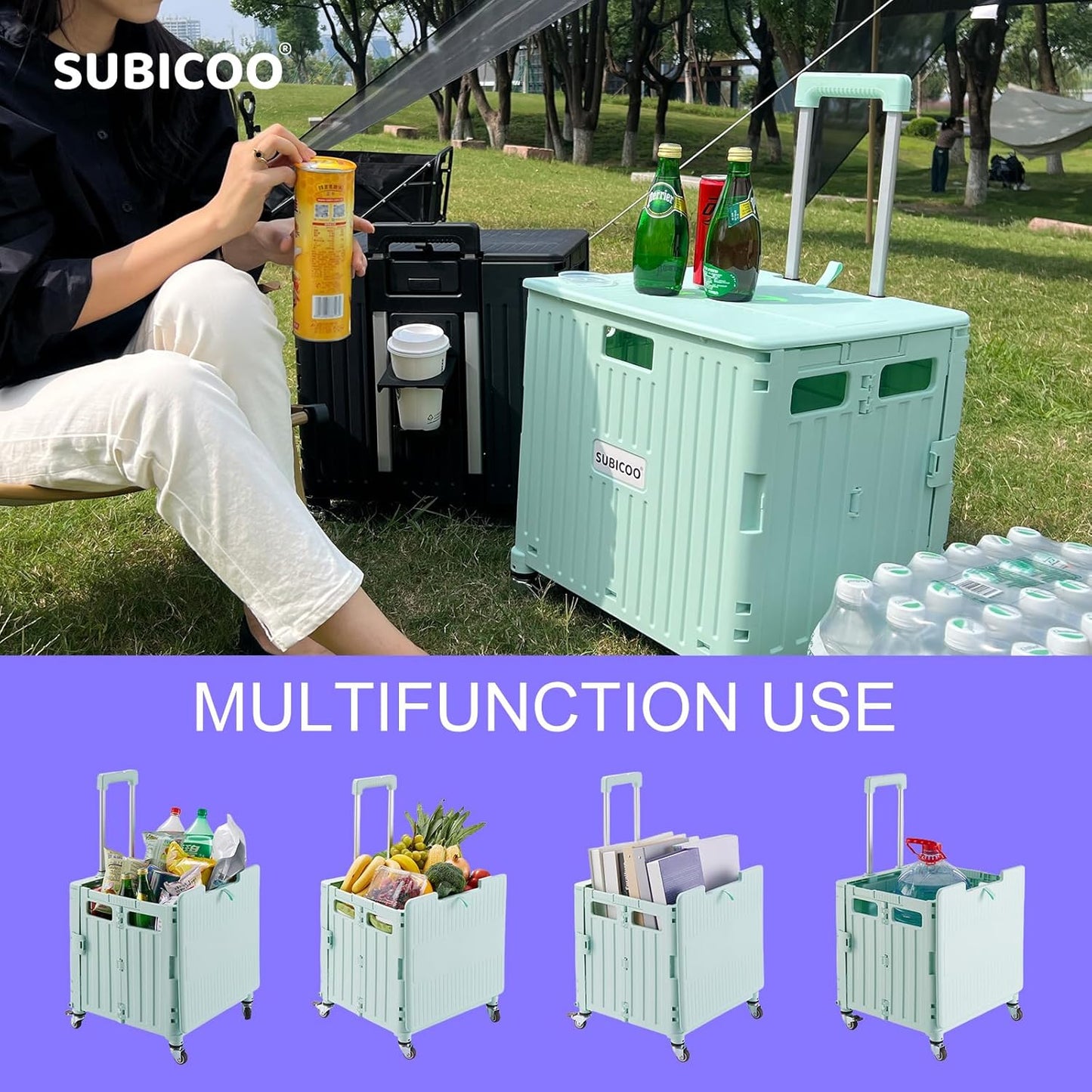 Folding Utility Cart Portable Rolling Crate Handcart Shopping Trolley Collapsible Tool Box, with Lid, on 4 Rotate Wheels, for Grocery, Shopping, Office, Camp, Teacher (Green)