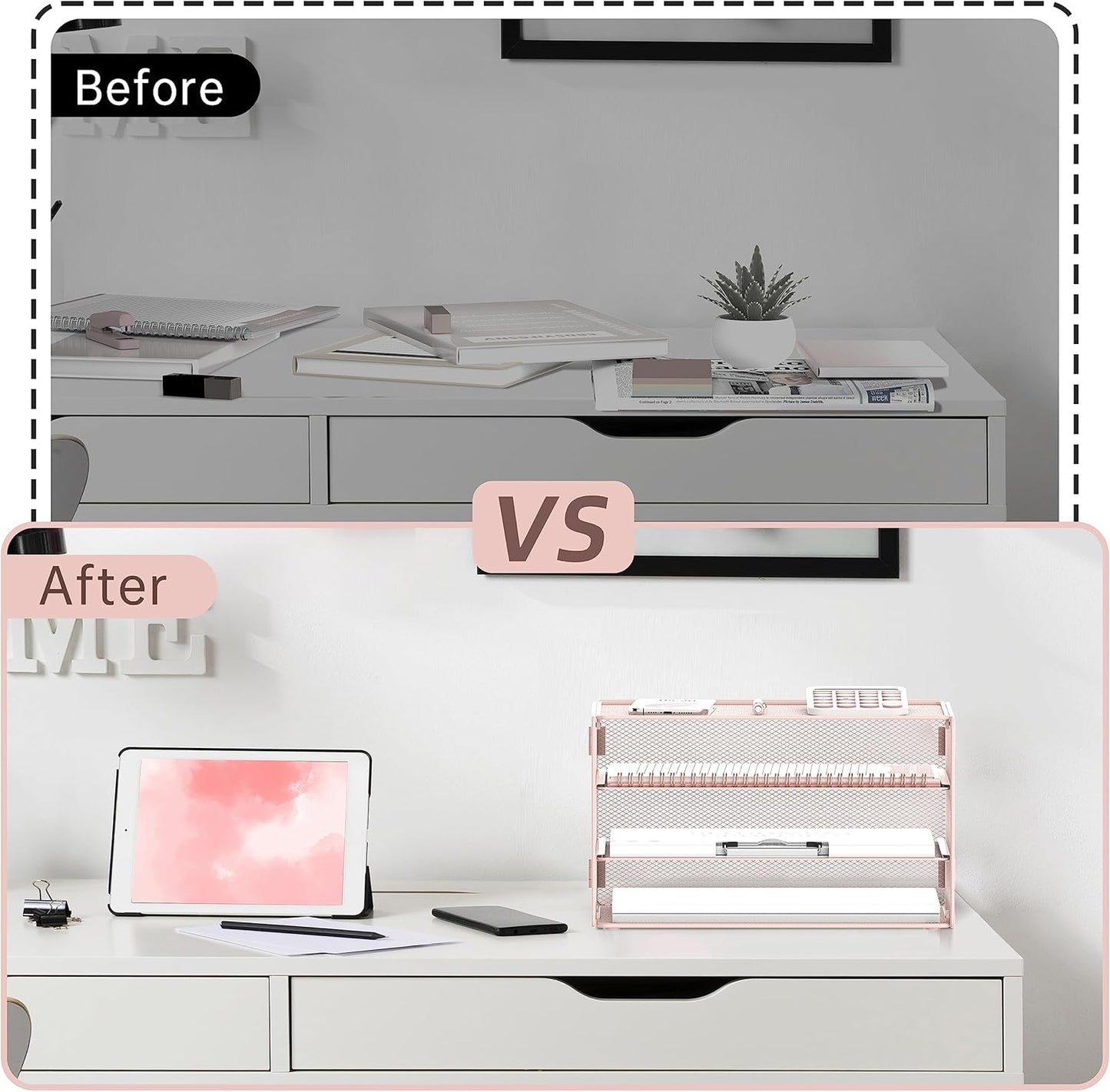 DALTACK 3 Tier Letter Tray Paper Organizer Mesh Metal Desk File Organizer for Home & Office, Pink