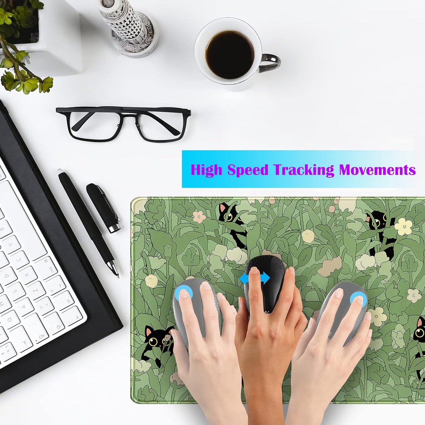 Cute Green Leaves Pink Flowers Mouse Pad Desk Pad Kawaii Anime Cat Desktop Protector Decor Desk Mat, XL Large Gaming Mousepad for Girl Women Laptop Computer Keyboard and Mouse Mat 31.5x11.8 in