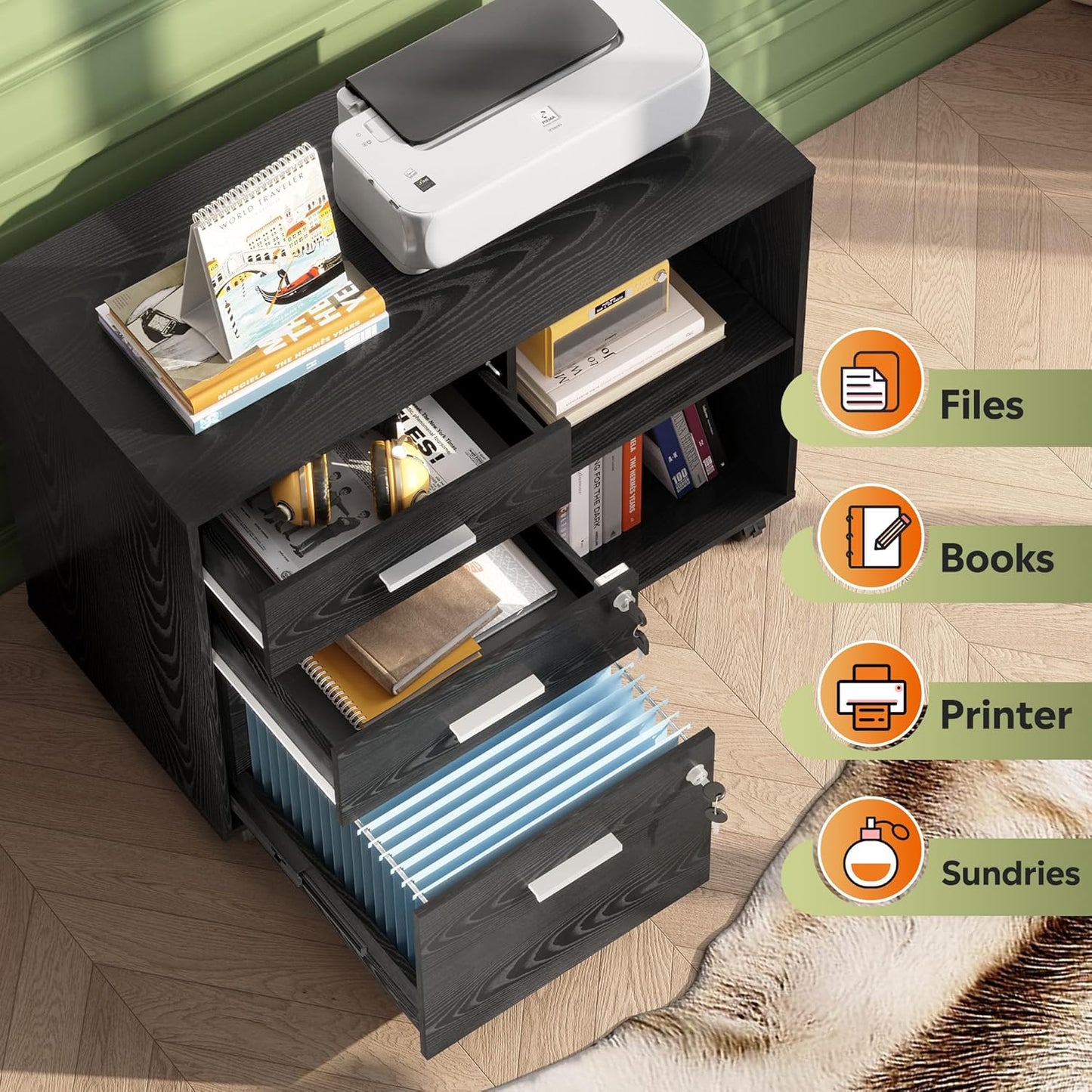 DEVAISE 3-Drawer Wood File Cabinet with Lock, Mobile Lateral Filing Cabinet, Printer Stand with Open Storage Shelves for Home Office, Black