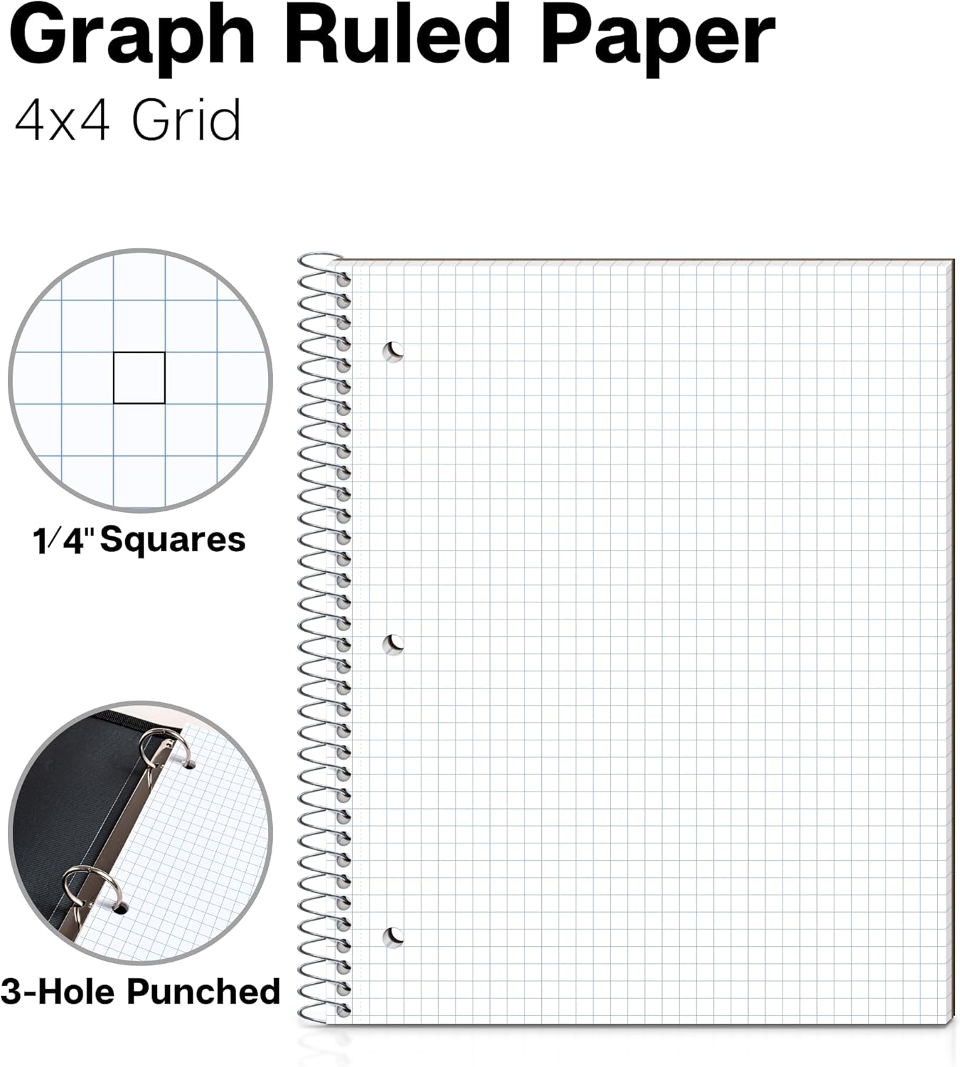 Dunwell Graph Paper Notebook 8.5 x 11 (Black) Plastic Cover, 100 Sheets (200 Pages), 4x4 Squares, 1 Subject Graph Paper Spiral Notebook, 1/4" Grid, Pocket Divider, Easy Tear-Off, 3-Hole Punched