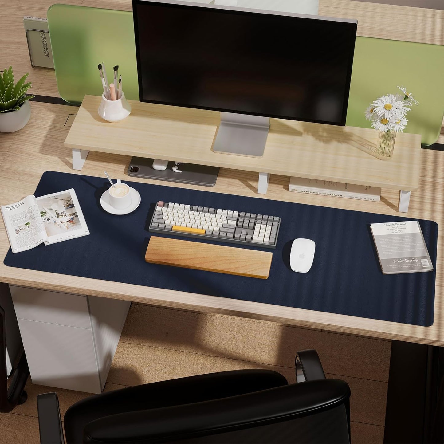 Aothia Leather Desk Pad Protector, Office Desk Mat, Large Mouse Pad, Laptop Desk Pad, Non-Slip PU Leather Desk Blotter, Waterproof Desk Writing Pad for Office and Home (Dark Blue, 47" x 17")