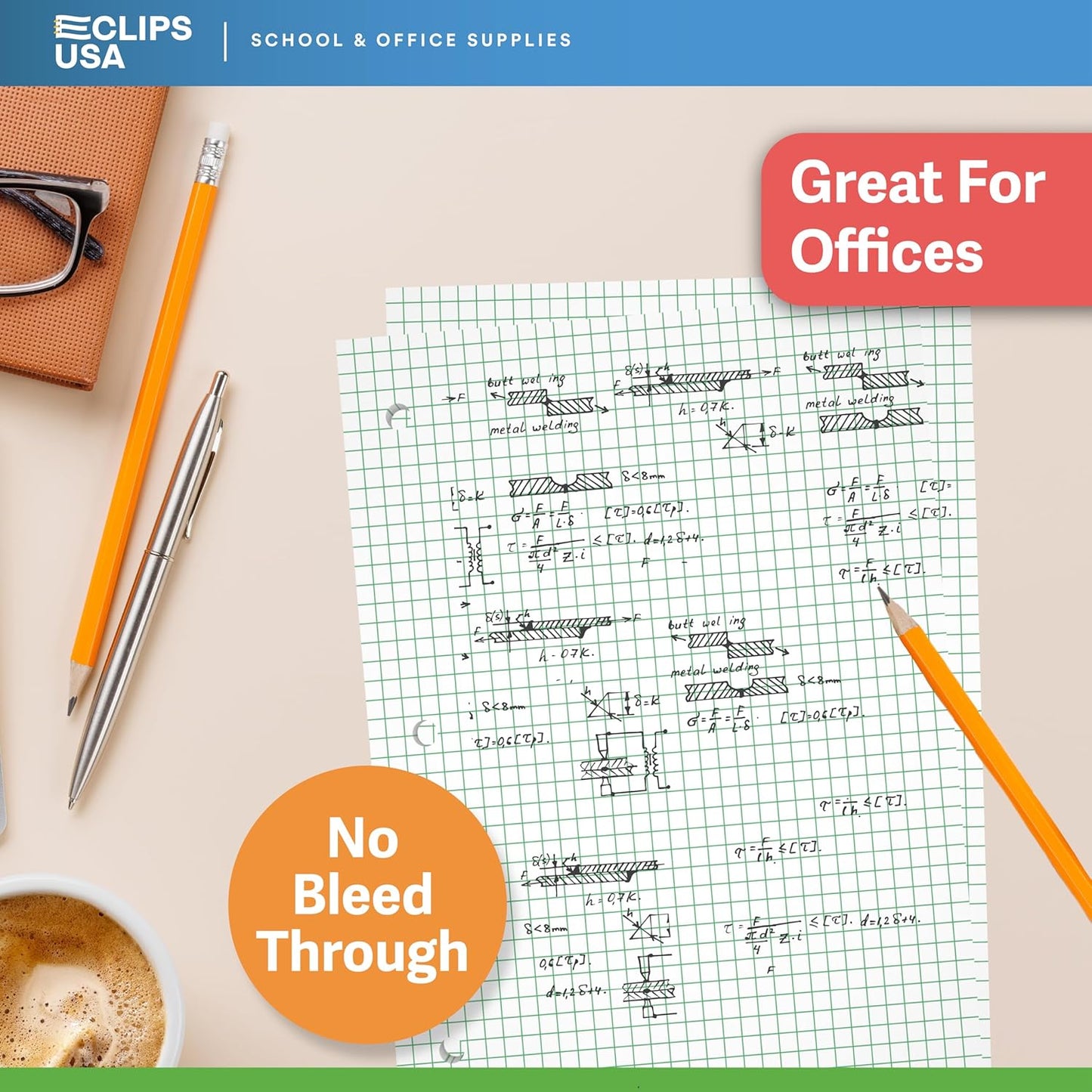 Graph Paper, Loose Leaf Graph Paper, 4 x 4 Squares Per Inch Quad Ruled Graph Paper, 10.5” x 8” Graphing Paper, 56 gsm, 150 Per Pack, 450 Sheets (3 Pack)