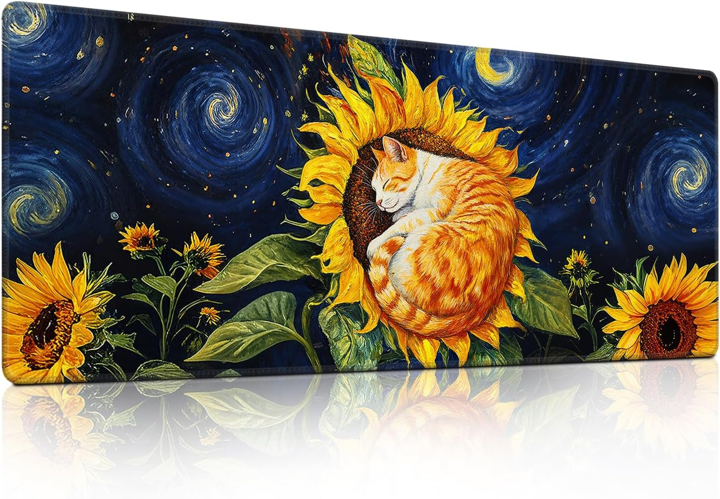 Sunflower Cat Gaming Mouse Pad, Starry Sky Cute Orange Cat Mousepad - Large Non-Slip Desk Mat for Office, PC, Laptop - 31.5"x11.8" x 3mm