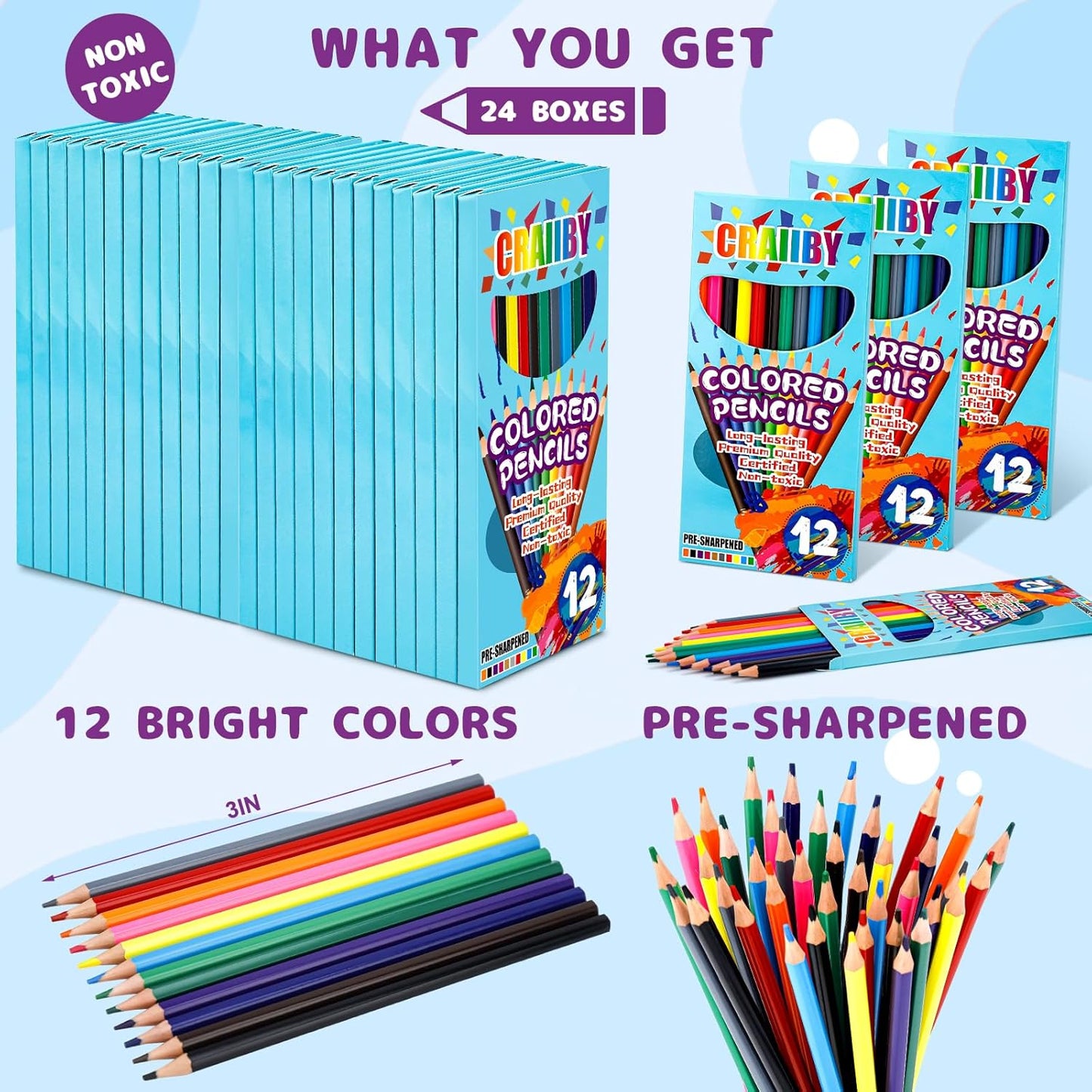 Premium Colored Pencils, Soft Core, 288 Count (Pack of 24), 12 Colors Pre-sharpened Color Pencils Bulk, Back to School Supplies, Classroom Prizes