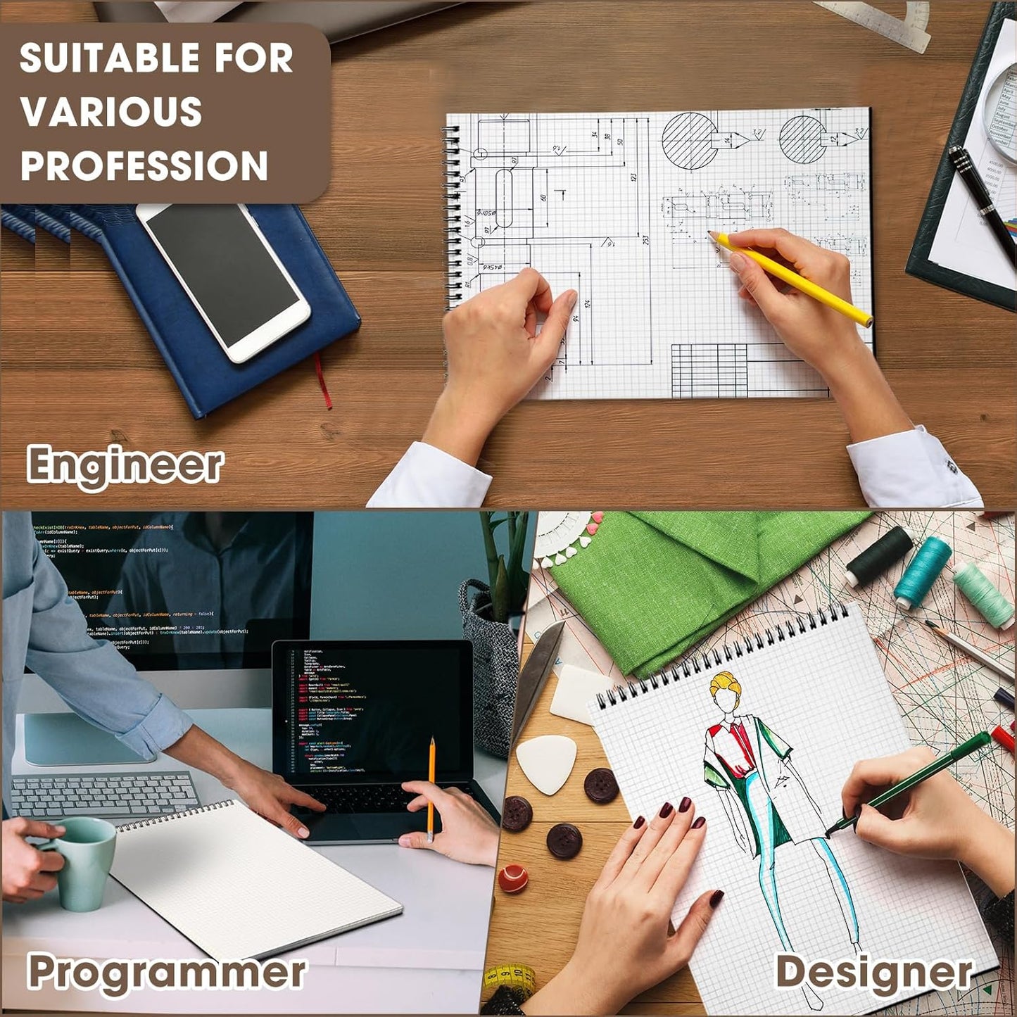 1 Pack Top Spiral Graph Paper Notebooks 8.7 X11.4 Inch A4 Grid Paper Notepad 70 Sheet Memo Steno Pad for Engineering Writing Sketching Drawing School Office Supplies (Black)