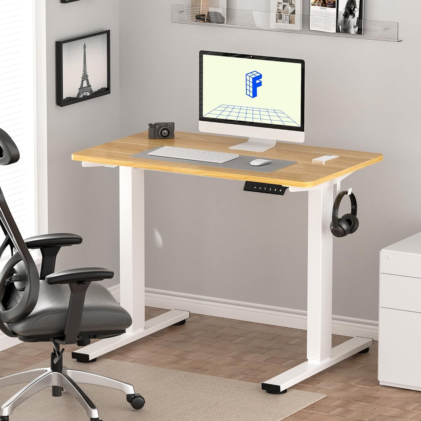 FLEXISPOT EN1 One Piece Standing Desk, 40 x 24 Inches Adjustable Height Desk for Small Space Electric Sit Stand Home Office Table Computer Workstation (White Frame + Maple Desktop)
