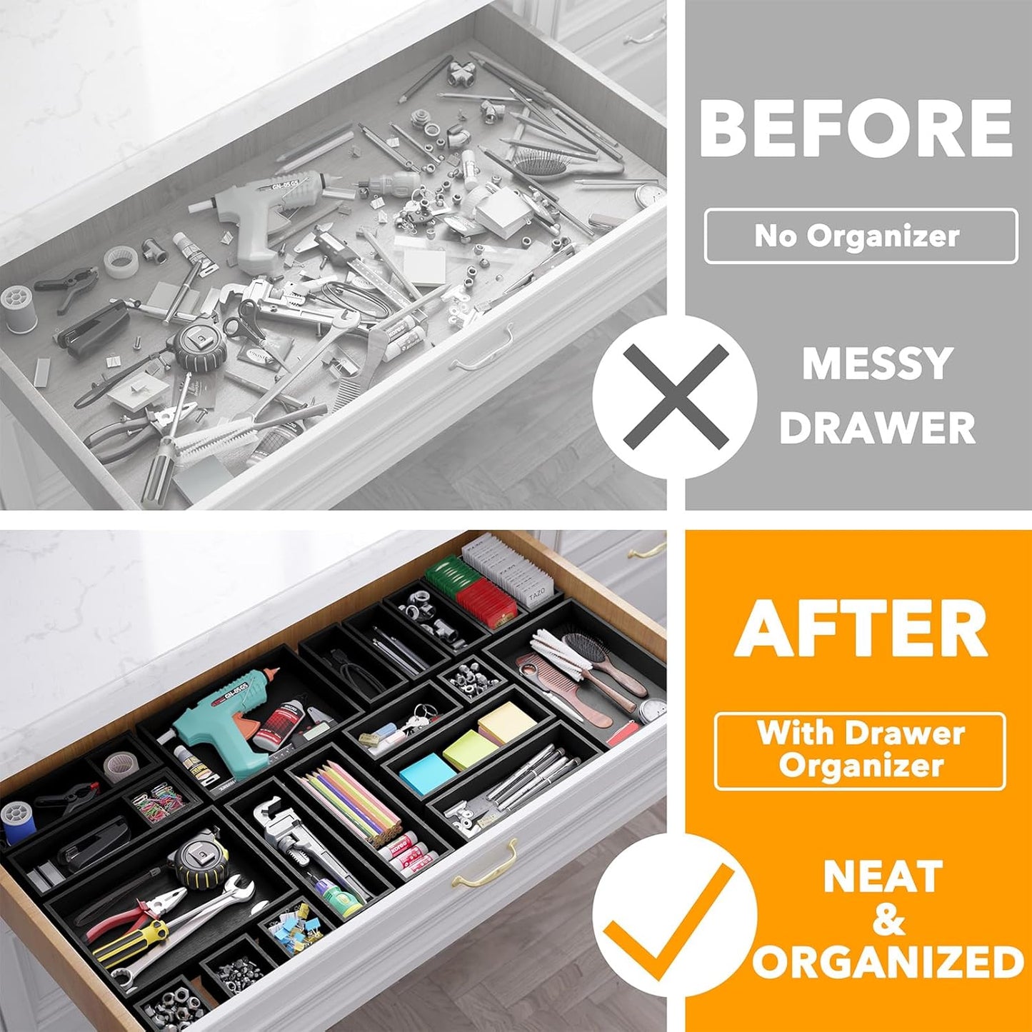 SpaceAid 21-Piece Bamboo Drawer Organizer Storage Boxes Set, Wood Tray Junk Drawer Organizers Multi-Use Divider Bins for Kitchen, Bathroom, Office Desk and Makeup Organization (21 Pack, Black)