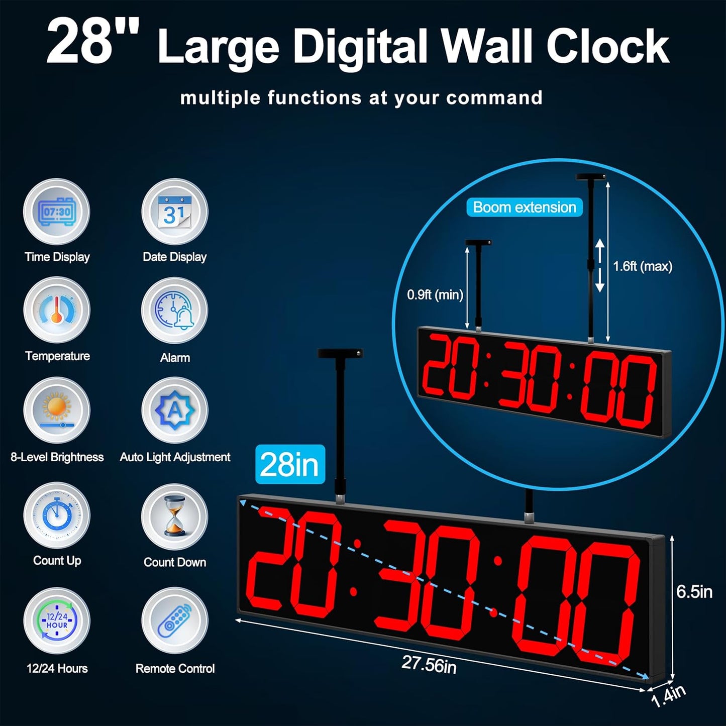 Digital Clock Large Display 28" with Remote Control,Double-Sided Clock, Suspended Design for Hospitals, Factories, Airports.