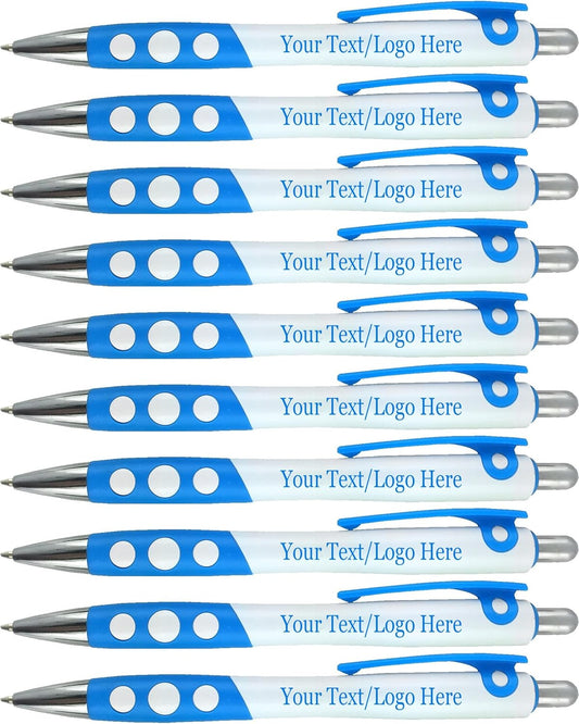 Personalized Ballpoint Pens With Custom Logo/ Text-350 Pack Bulk-for Businesses, Parties, & Events, Custom Printed, White Barrel with Matching Colored Clip and Grip, Click Pens, Black Ink, Light Blue