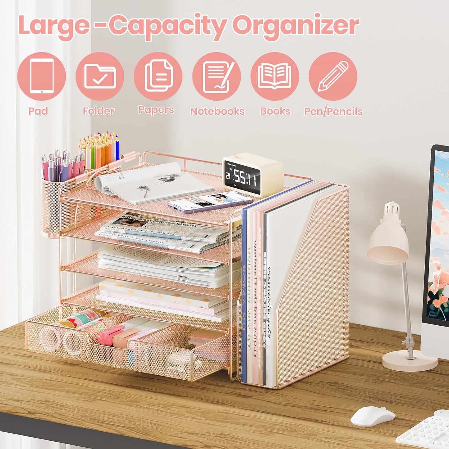 Desk Organizers and Accessories, 5-Tier Paper File Organizer with Drawer & Pen Holder, Office Desk Accessories Workspace Desktop Organizer for Office Supplies (Rose Gold)