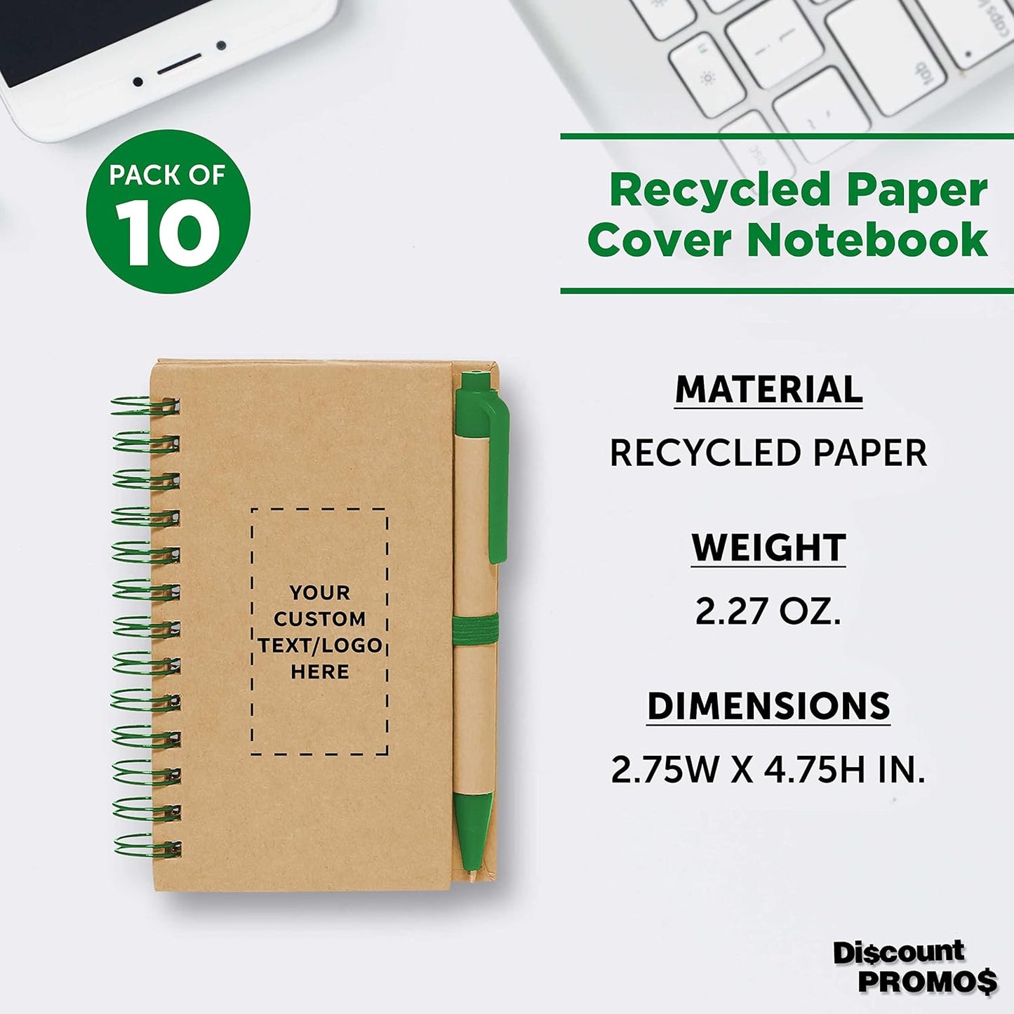 Custom Mini Spiral Notebooks with Black Ink Pens Set of 10, Personalized Bulk Pack - Perfect for School, Office, Business, Home - Green