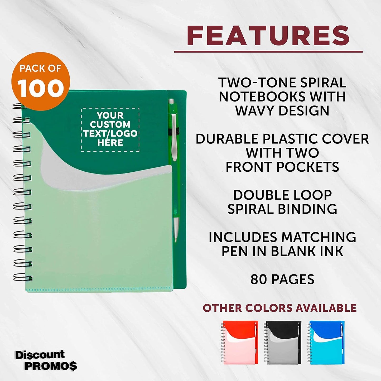 DISCOUNT PROMOS Custom Spiral Notebooks with Front Pocket Set of 100, Personalized Bulk Pack - Durable Plastic Cover, Includes Matching Pen in Blank Ink, Perfect for School, Office, Home - Green