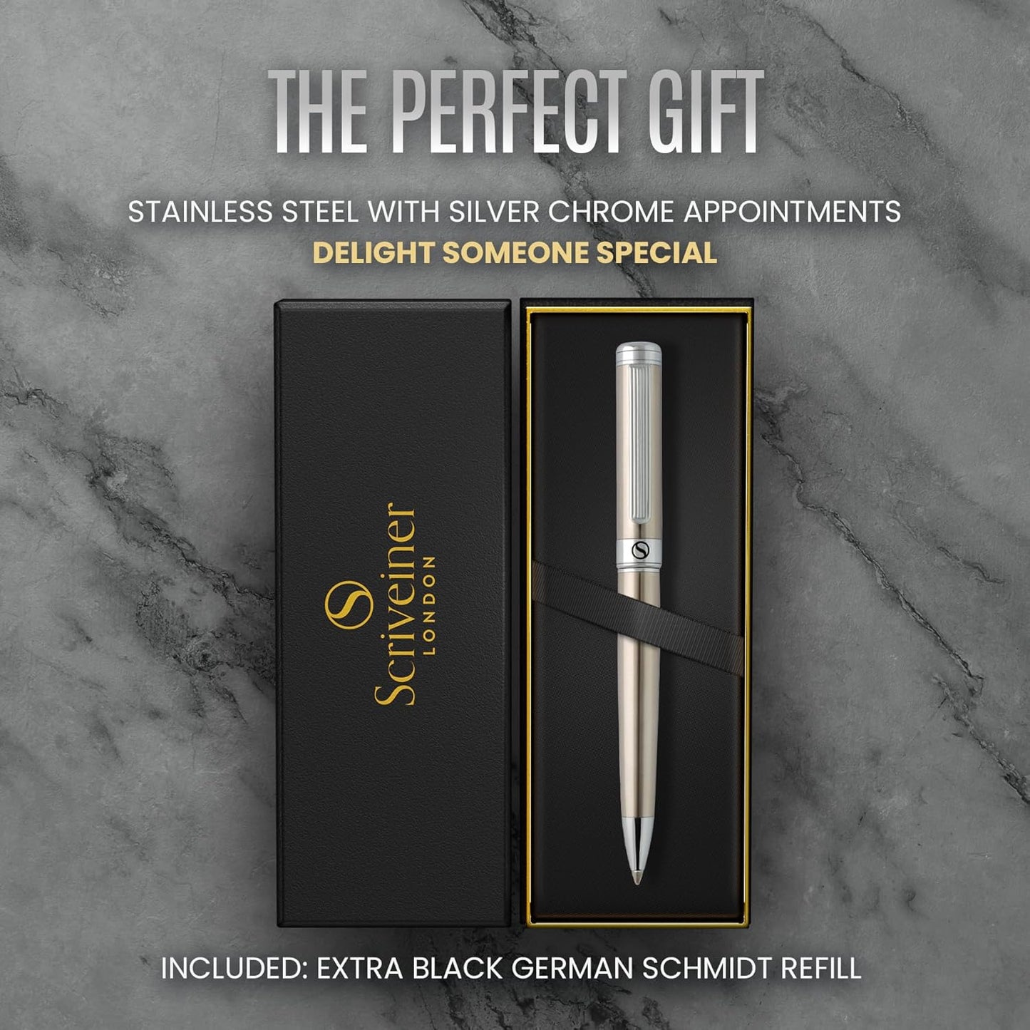 Scriveiner Stainless Steel Ballpoint Pen - Stunning Luxury Pen with Stainless Steel Finish, Schmidt Black Refill, Best Ball Pen Gift Set for Men & Women, Professional, Executive, Office, Nice Pens