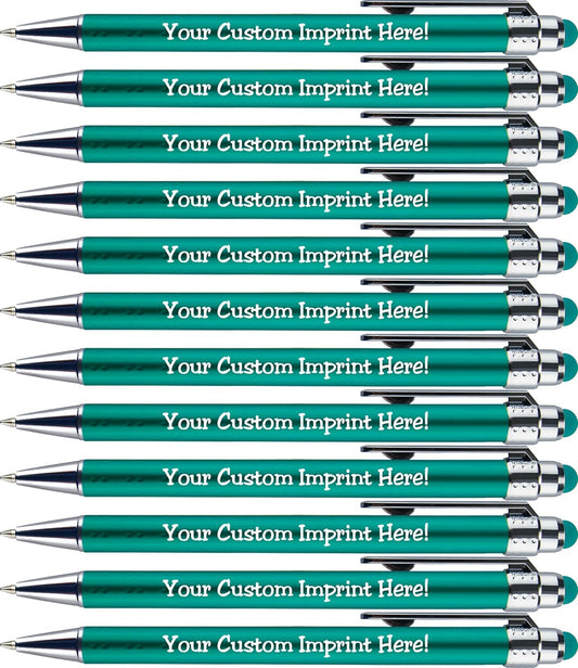 Personalized Pens with Stylus Tip -Bright Vibes- Click action - Custom - Black writing - Printed Name pens - Imprinted with Your Logo or Message - FREE PERSONALIZATION - 12 Pens/Box (Teal)