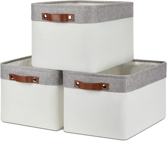DULLEMELO Storage Baskets for Organizing, Shelves,Bedroom, Decorative Storage Bins with Leather Handles, Fabric Storage Basket for Office, Toys(3-Pack Medium-15 inch X 11 inch X 9.5 inch , Grey&White)