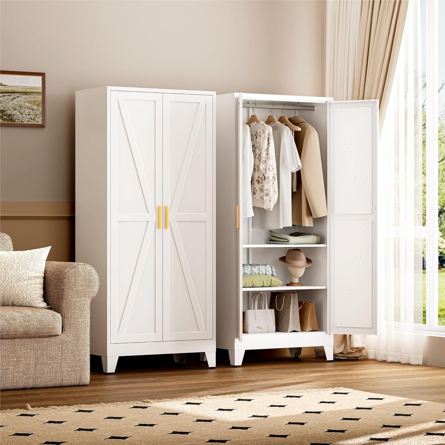 Farmhouse Wardrobe Cabinet,Metal Wardrobe Closet with Hanging Rod,Metal Armoire with Adjustable Shelves for Bedroom,Living Room, Cloak Room,Office (White)